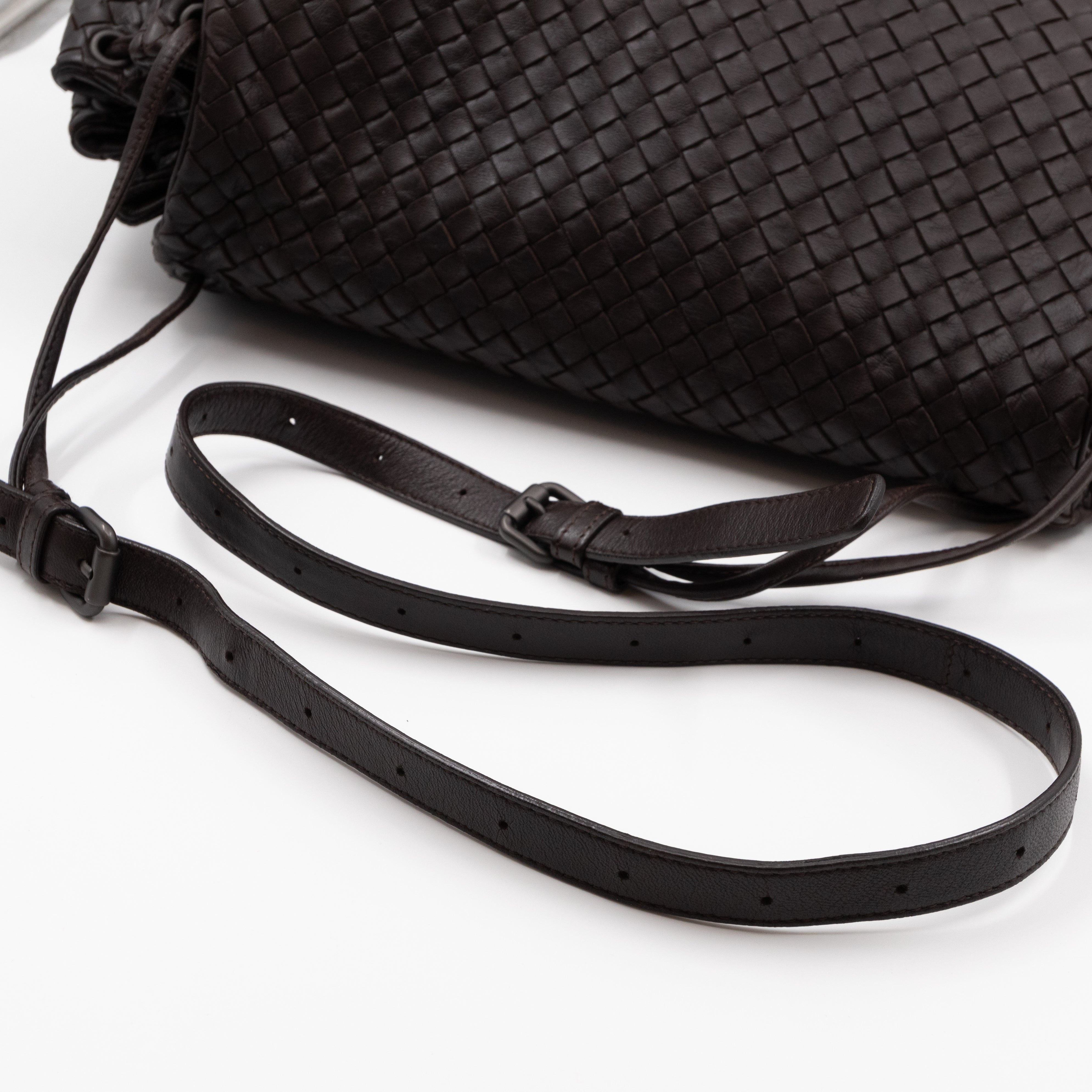 Large Drawstring Flap Crossbody Bag Intrecciato Dark Brown Leather