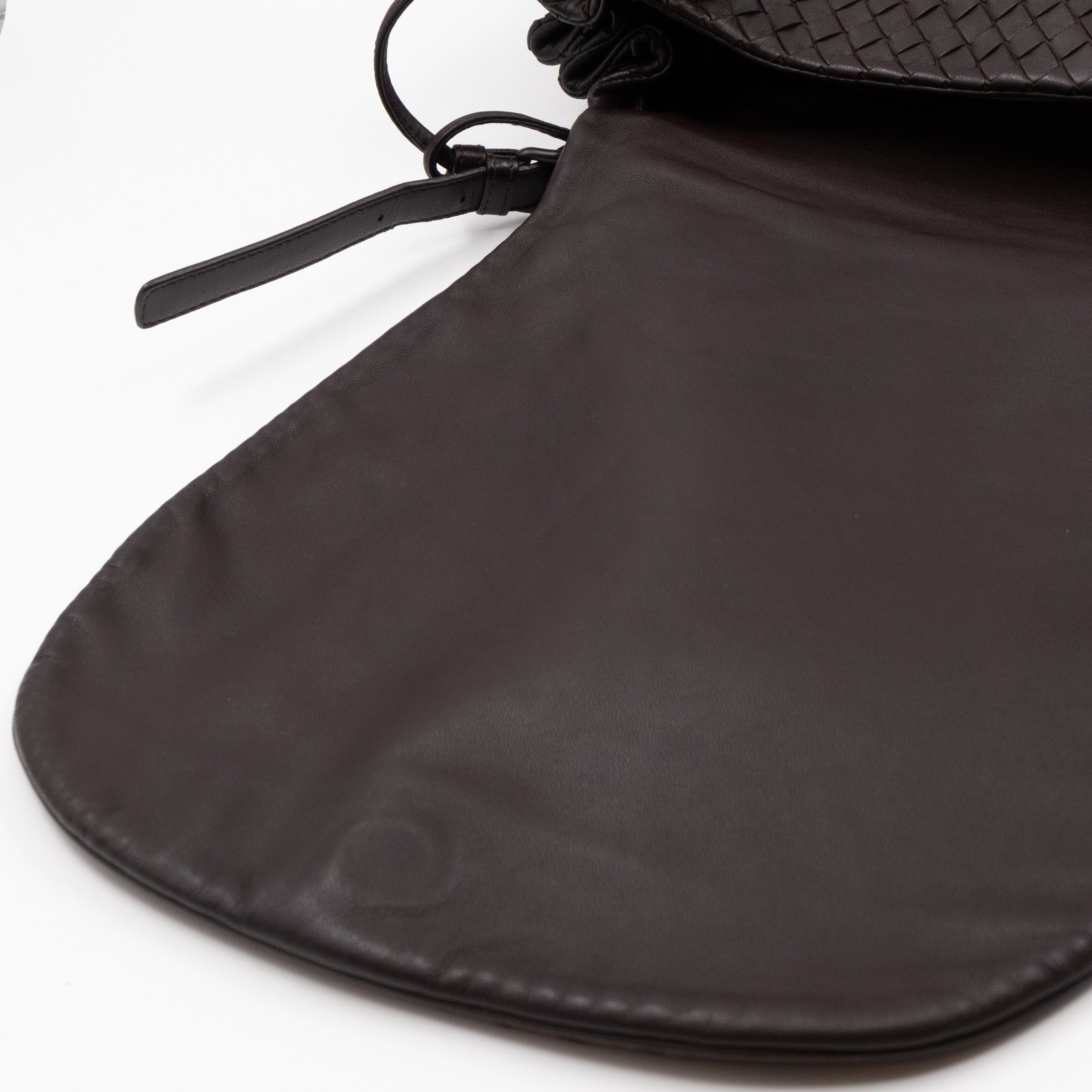 Large Drawstring Flap Crossbody Bag Intrecciato Dark Brown Leather