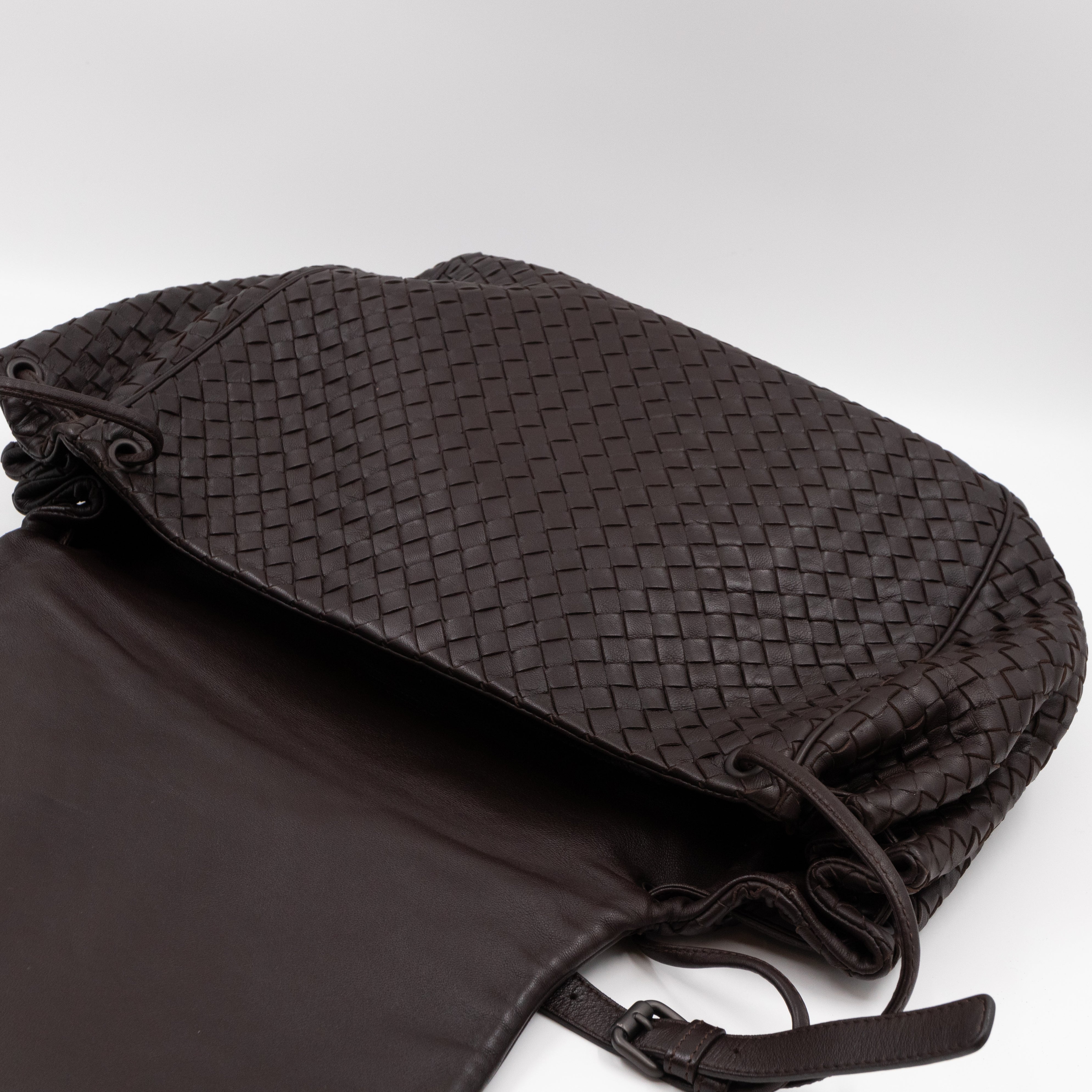 Large Drawstring Flap Crossbody Bag Intrecciato Dark Brown Leather