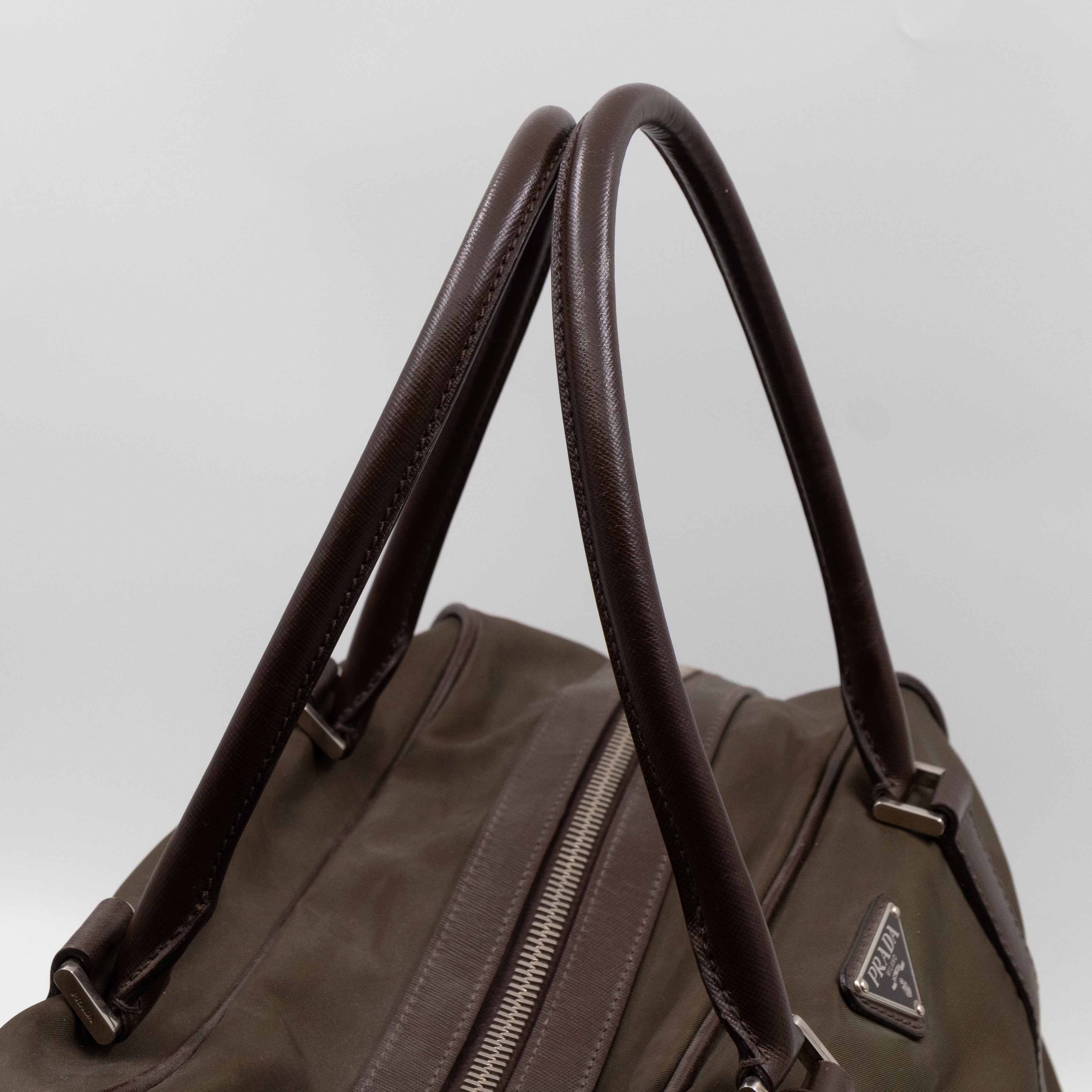 Duffle Green Nylon and Brown Leather Travel Bag