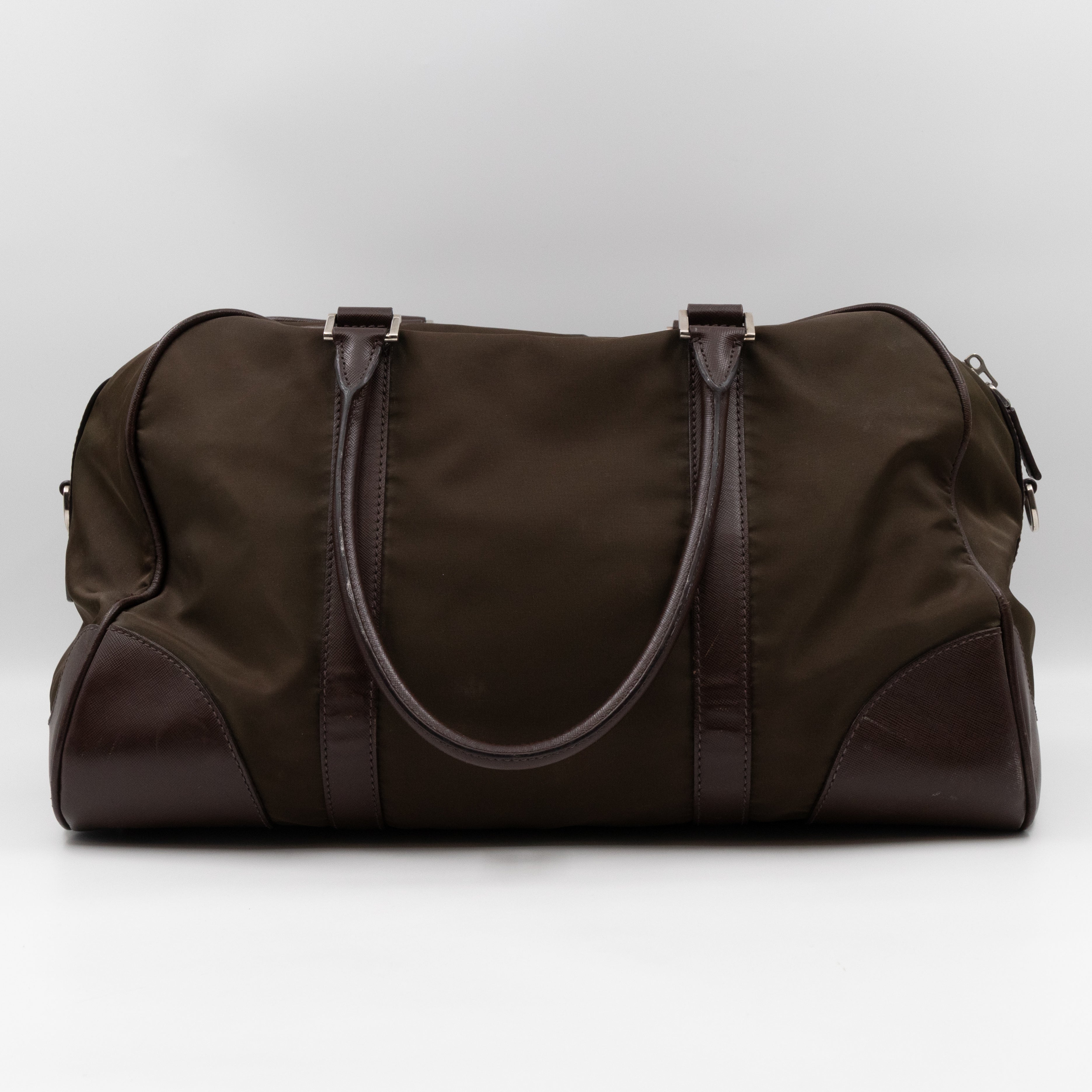 Duffle Green Nylon and Brown Leather Travel Bag