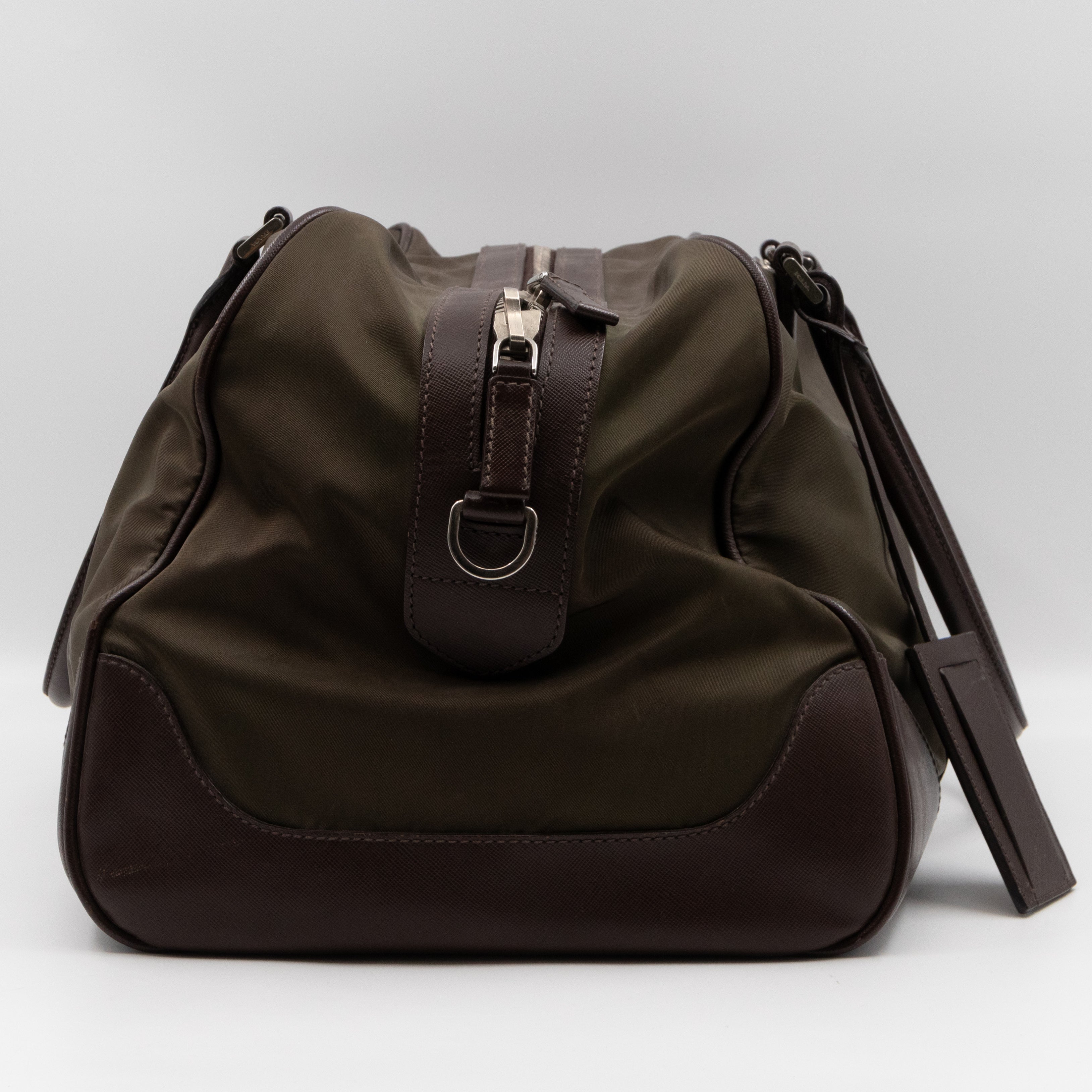 Duffle Green Nylon and Brown Leather Travel Bag