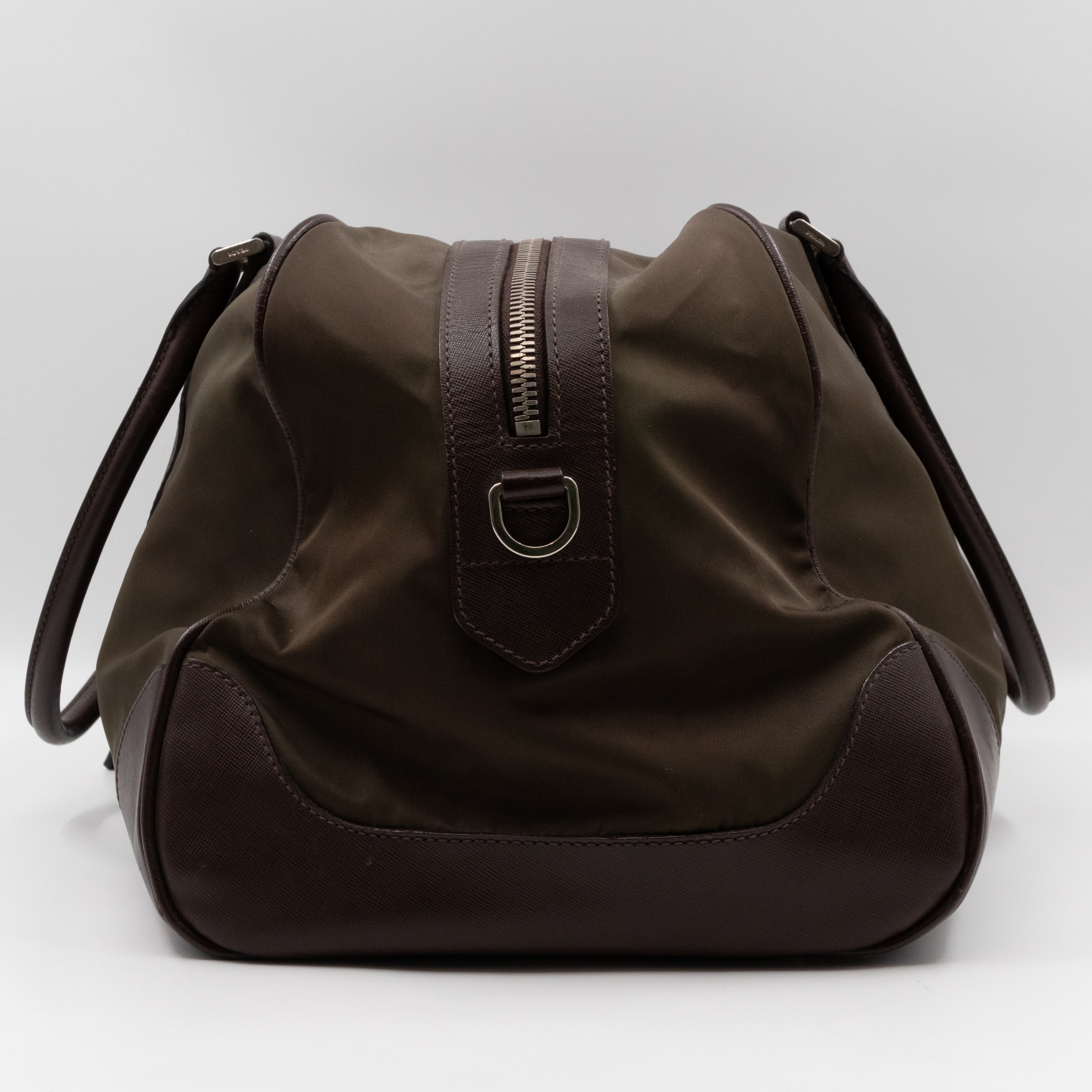 Duffle Green Nylon and Brown Leather Travel Bag