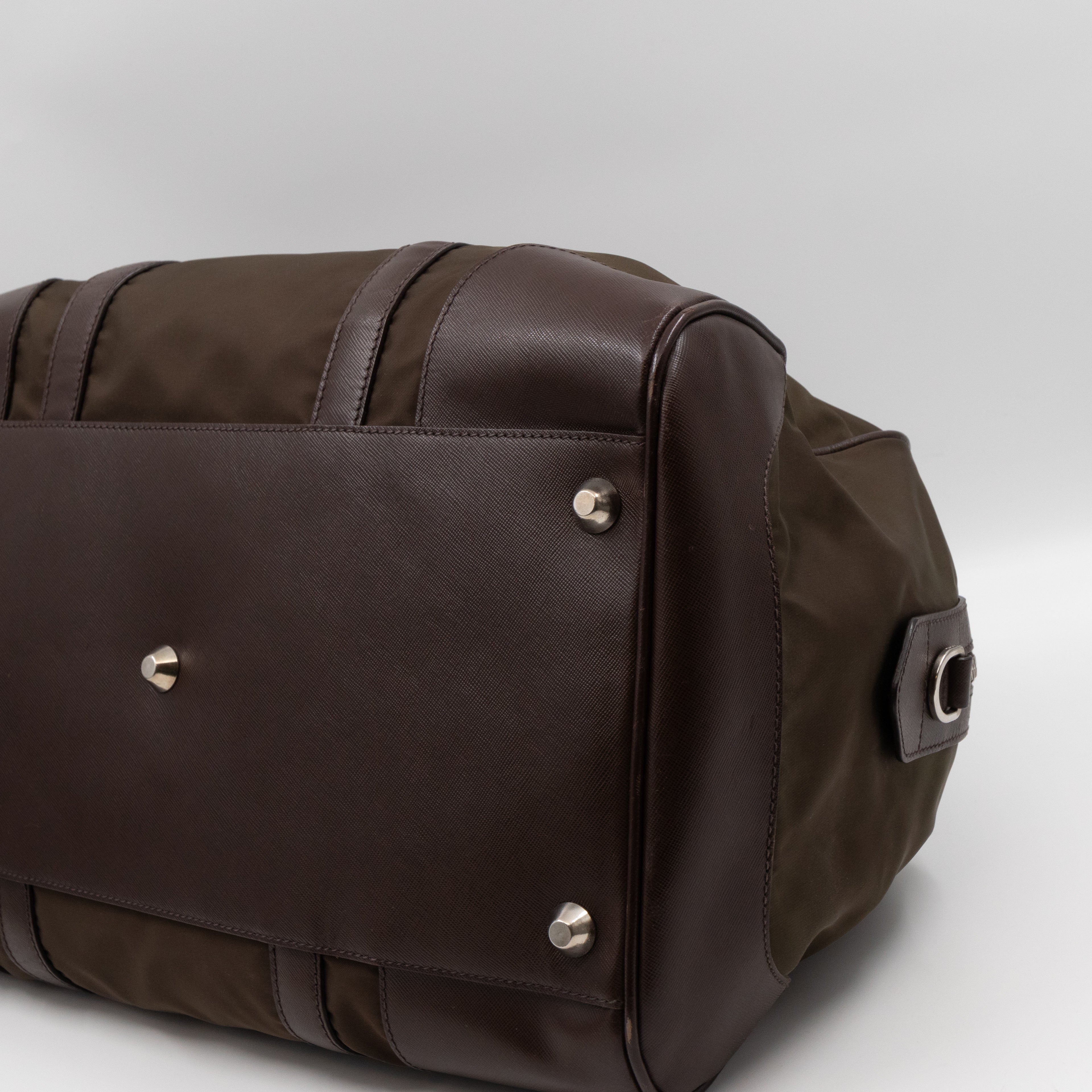 Duffle Green Nylon and Brown Leather Travel Bag