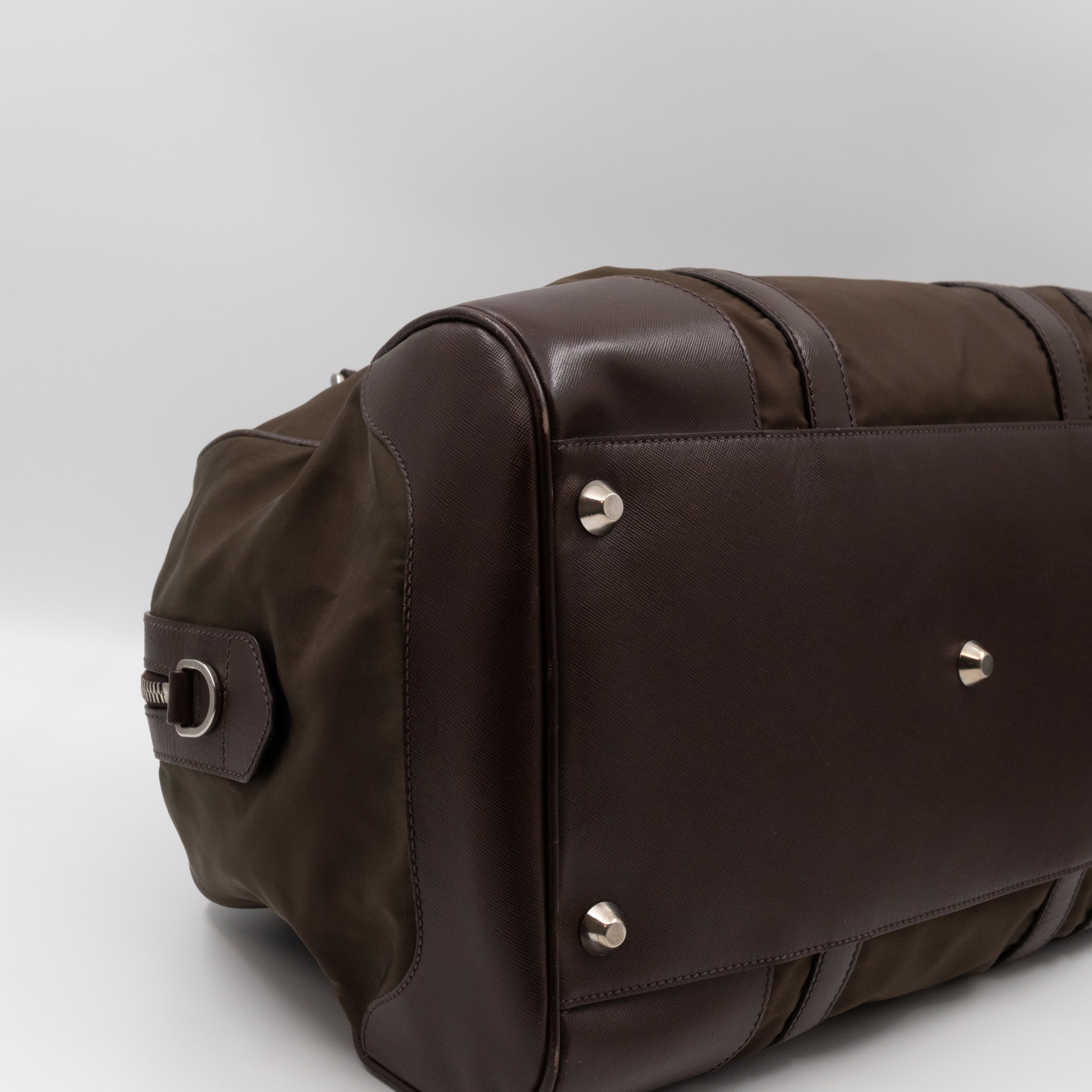 Duffle Green Nylon and Brown Leather Travel Bag