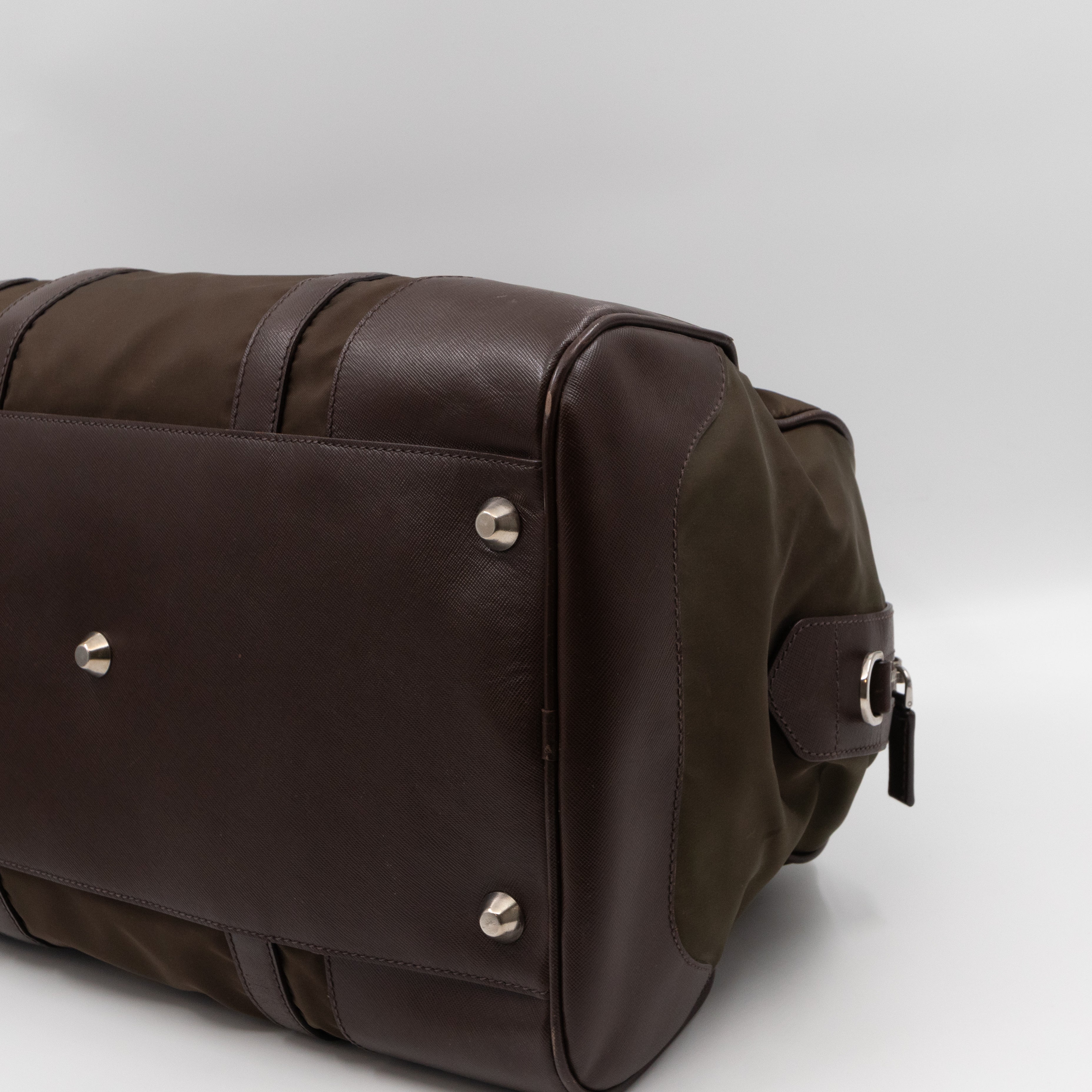 Duffle Green Nylon and Brown Leather Travel Bag