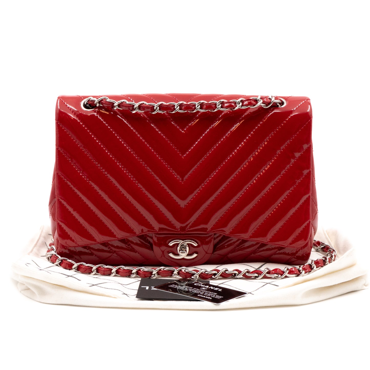 Classic Single Flap Jumbo Red Patent Silver