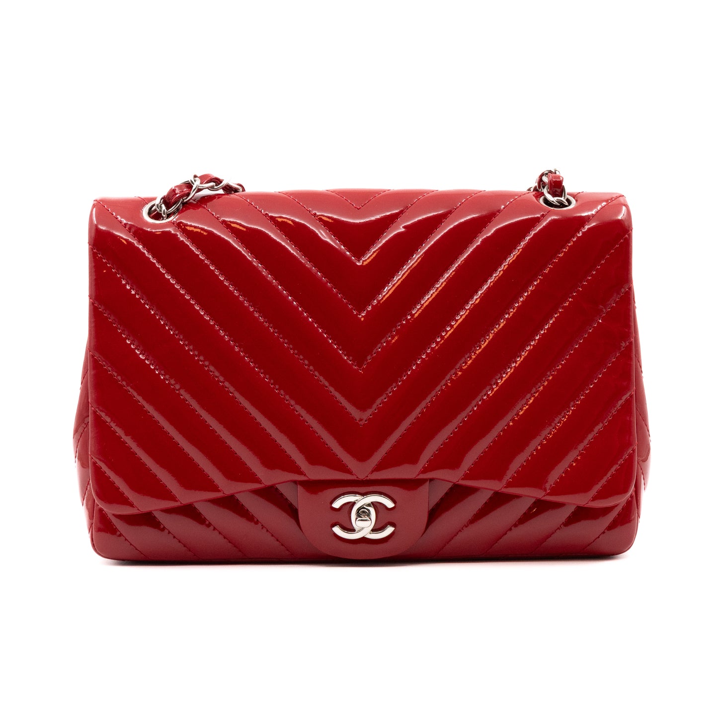 Classic Single Flap Jumbo Red Patent Silver