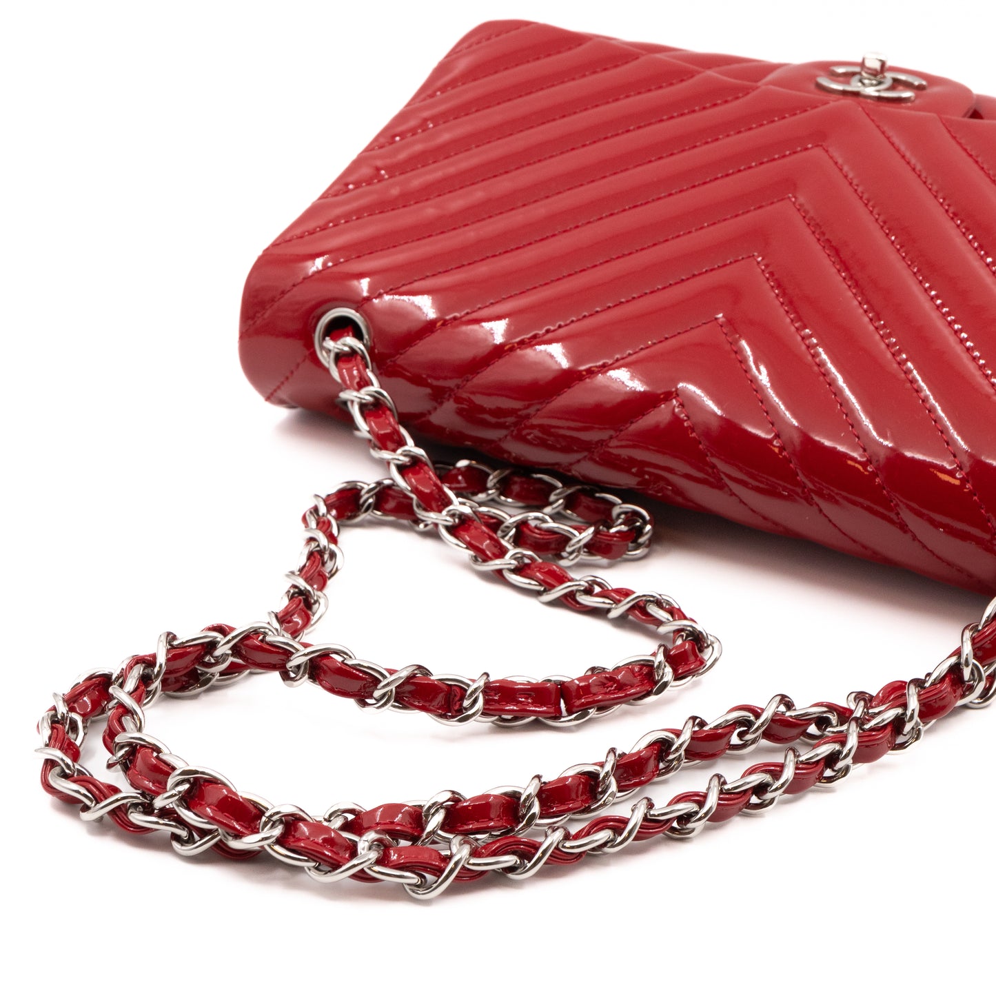 Classic Single Flap Jumbo Red Patent Silver