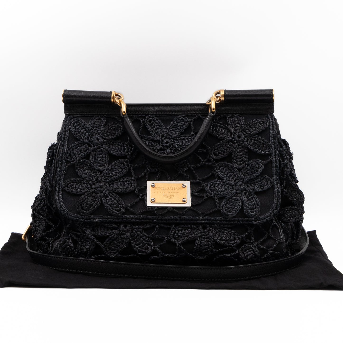 Sicily Large Floral Crocheted Lace Black Leather