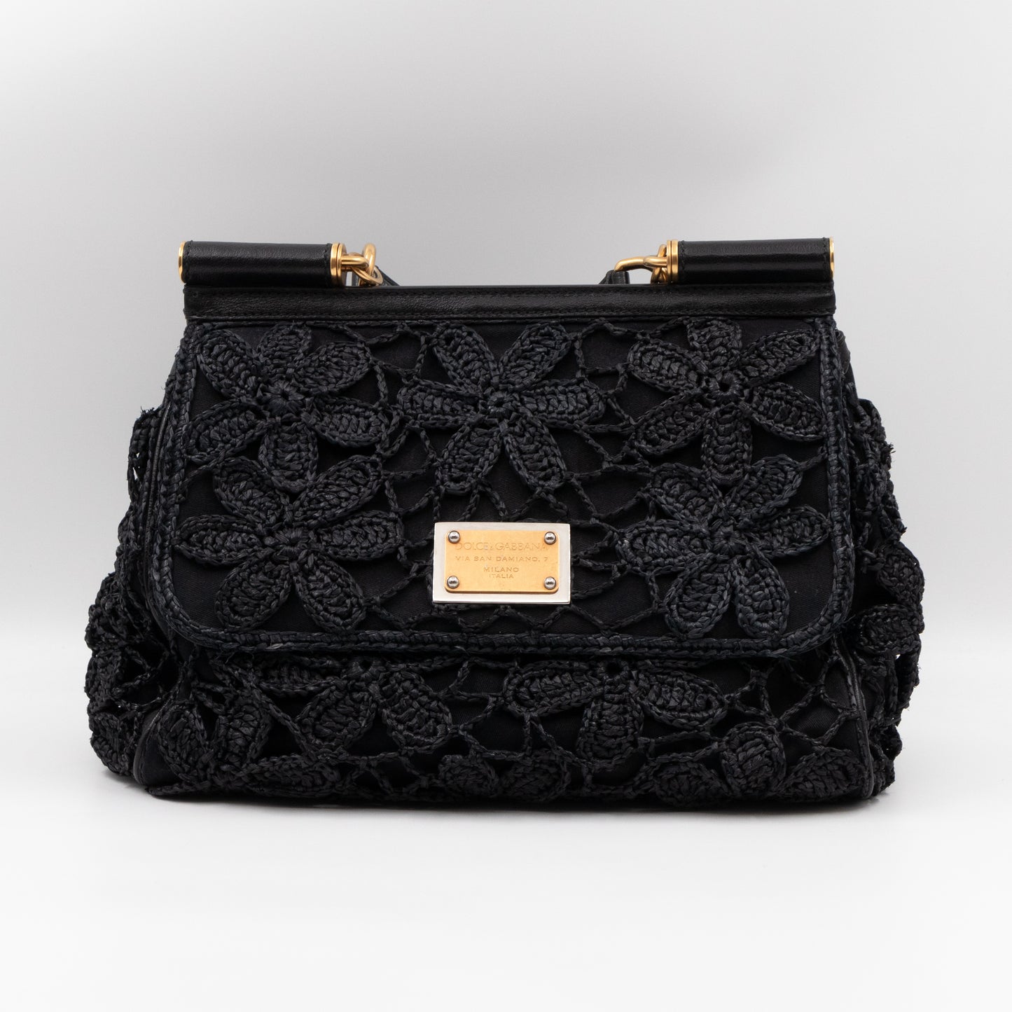 Sicily Large Floral Crocheted Lace Black Leather
