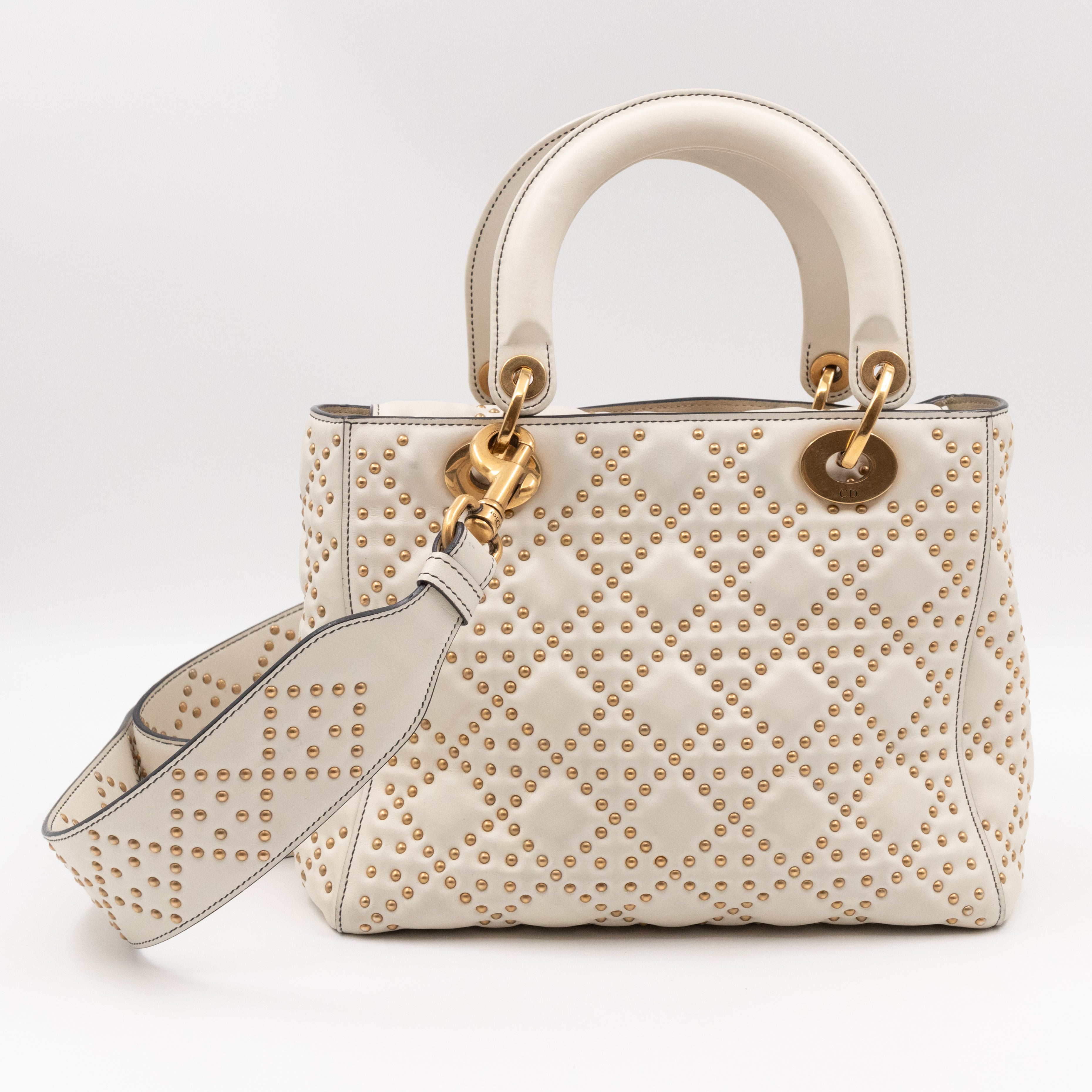 Lady Dior Medium Supple Cannage Studded White Leather