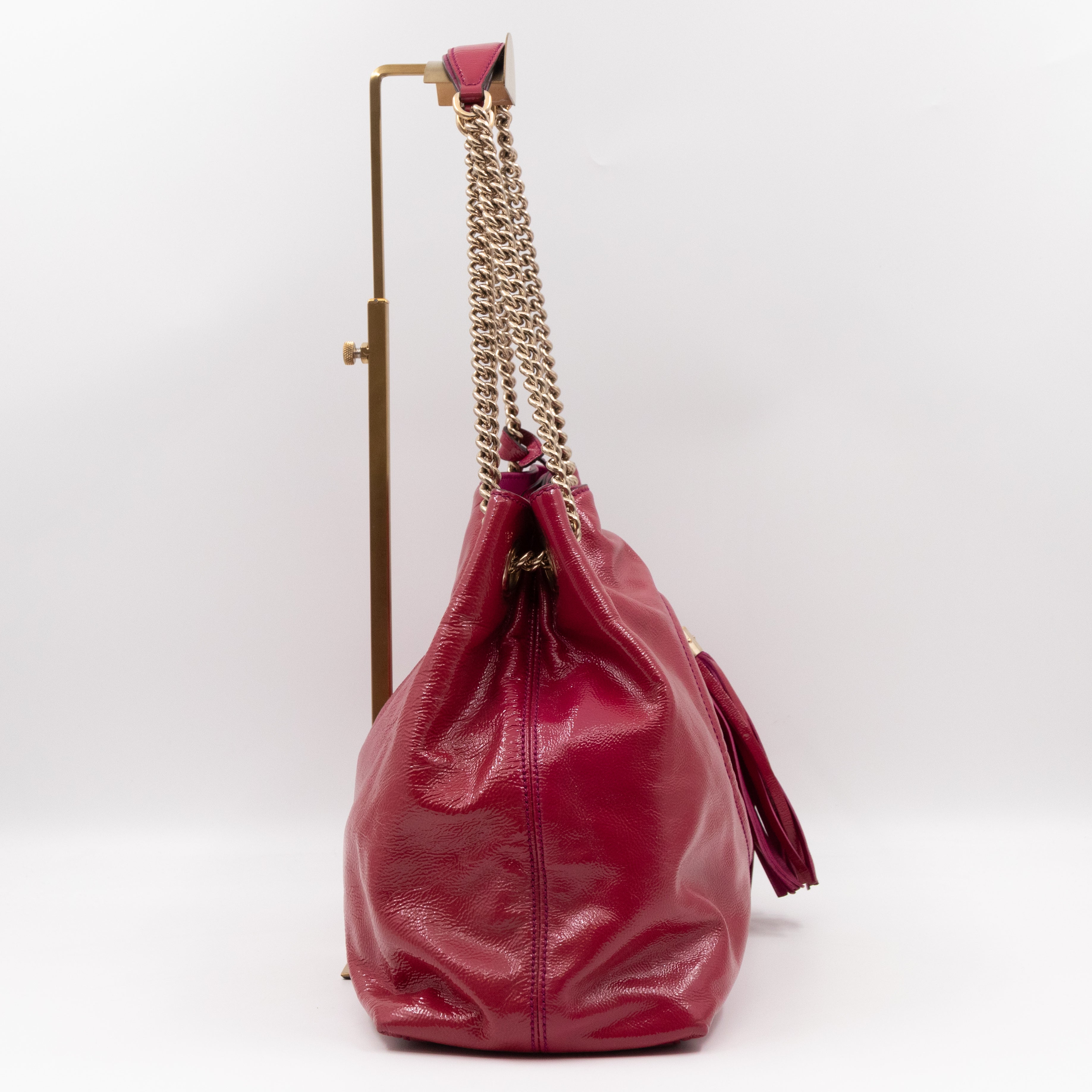 Soho Tassel Chain Tote Crumpled Patent Fuchsia