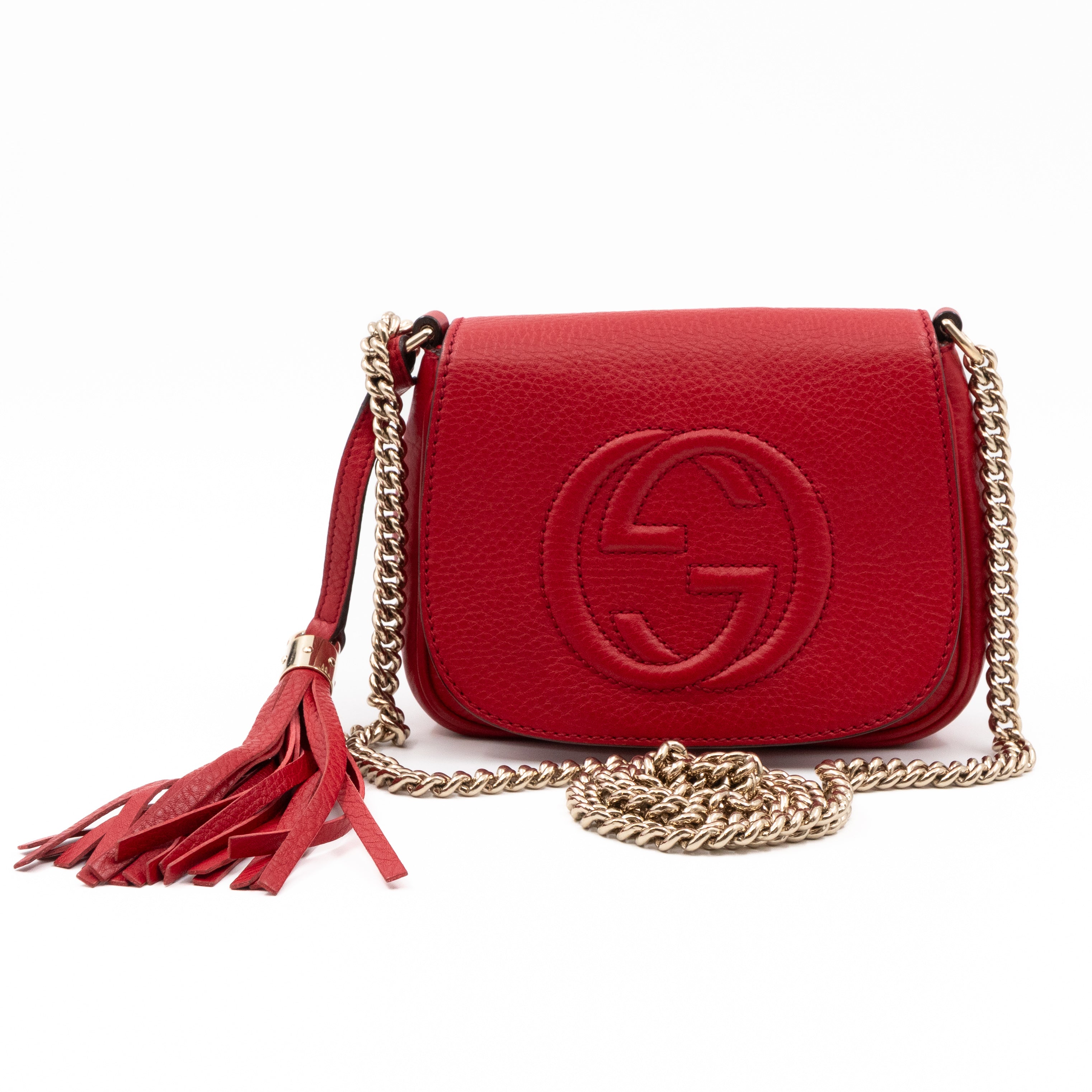 Gucci Mini Soho Flap Chain Bag Red Leather Gold Queen Station