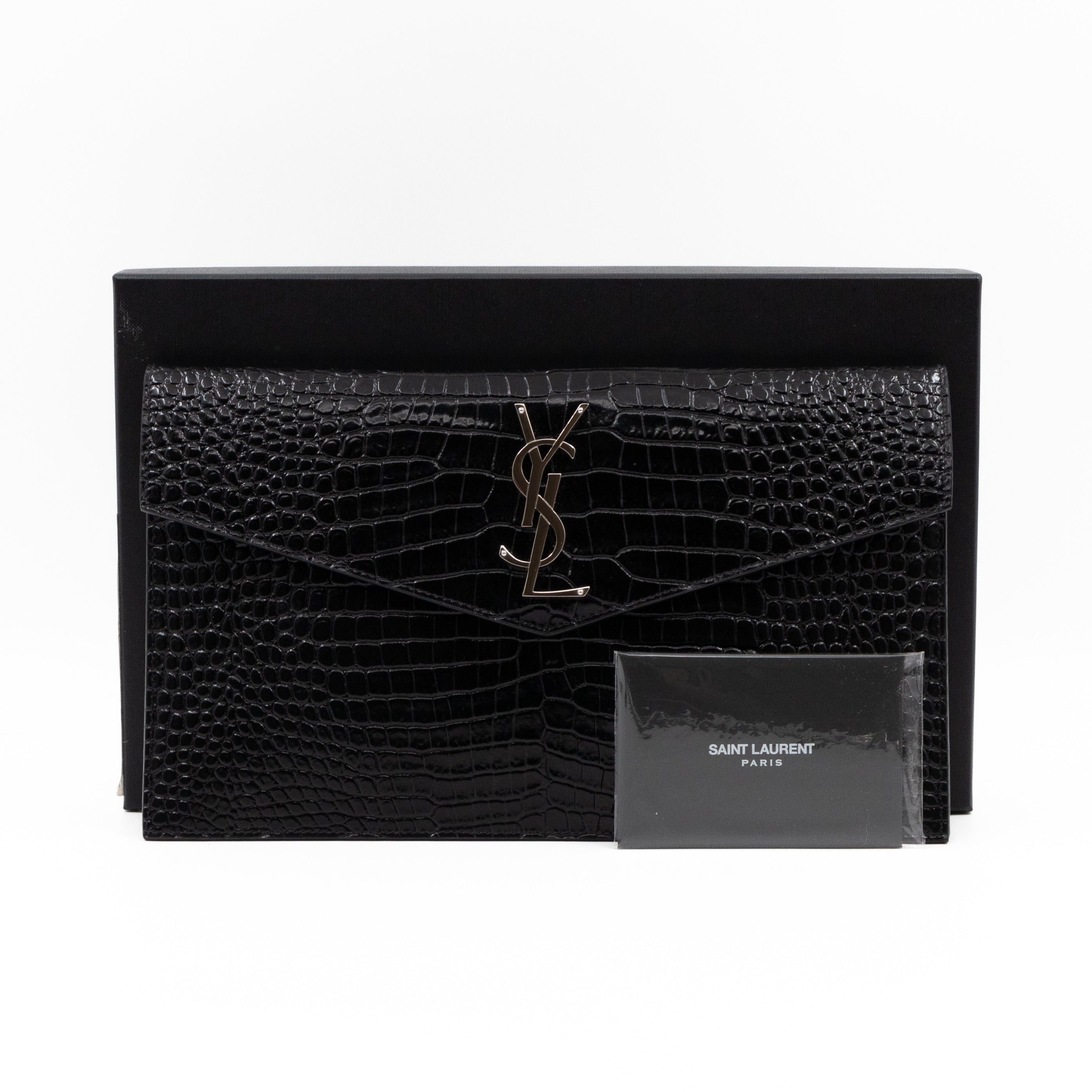 Uptown Pouch Black Croc Embossed Leather Silver