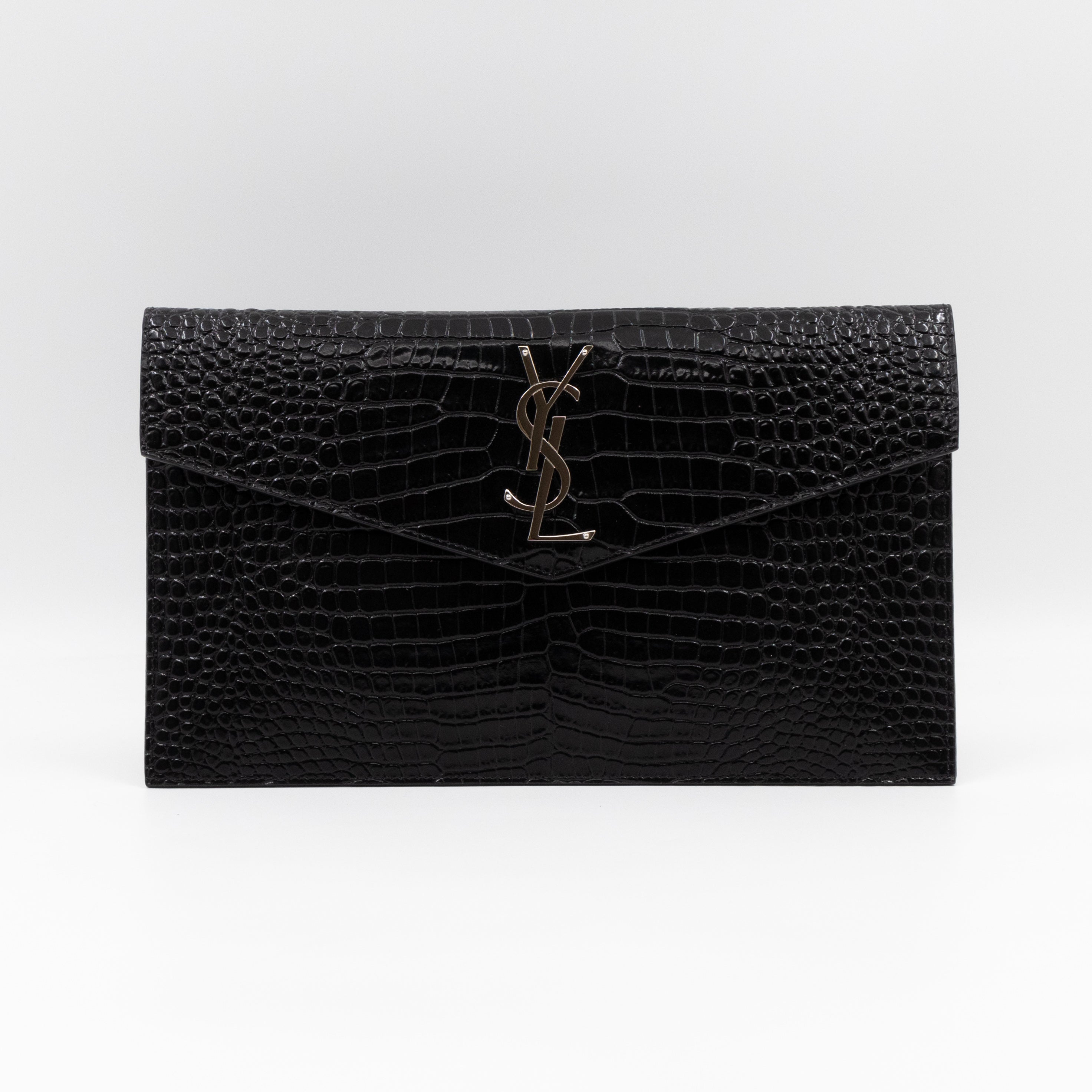 Uptown Pouch Black Croc Embossed Leather Silver