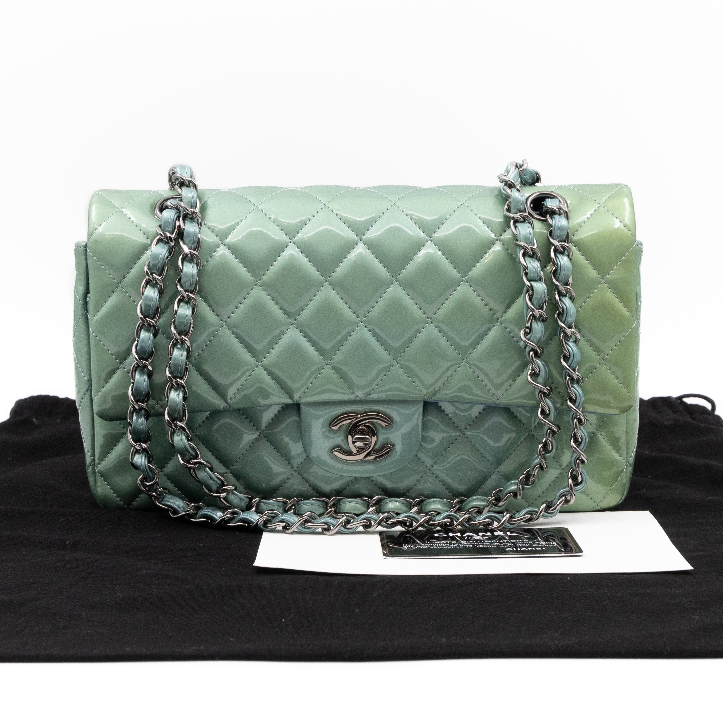 Classic Double Flap Medium Green Metallic Patent Leather