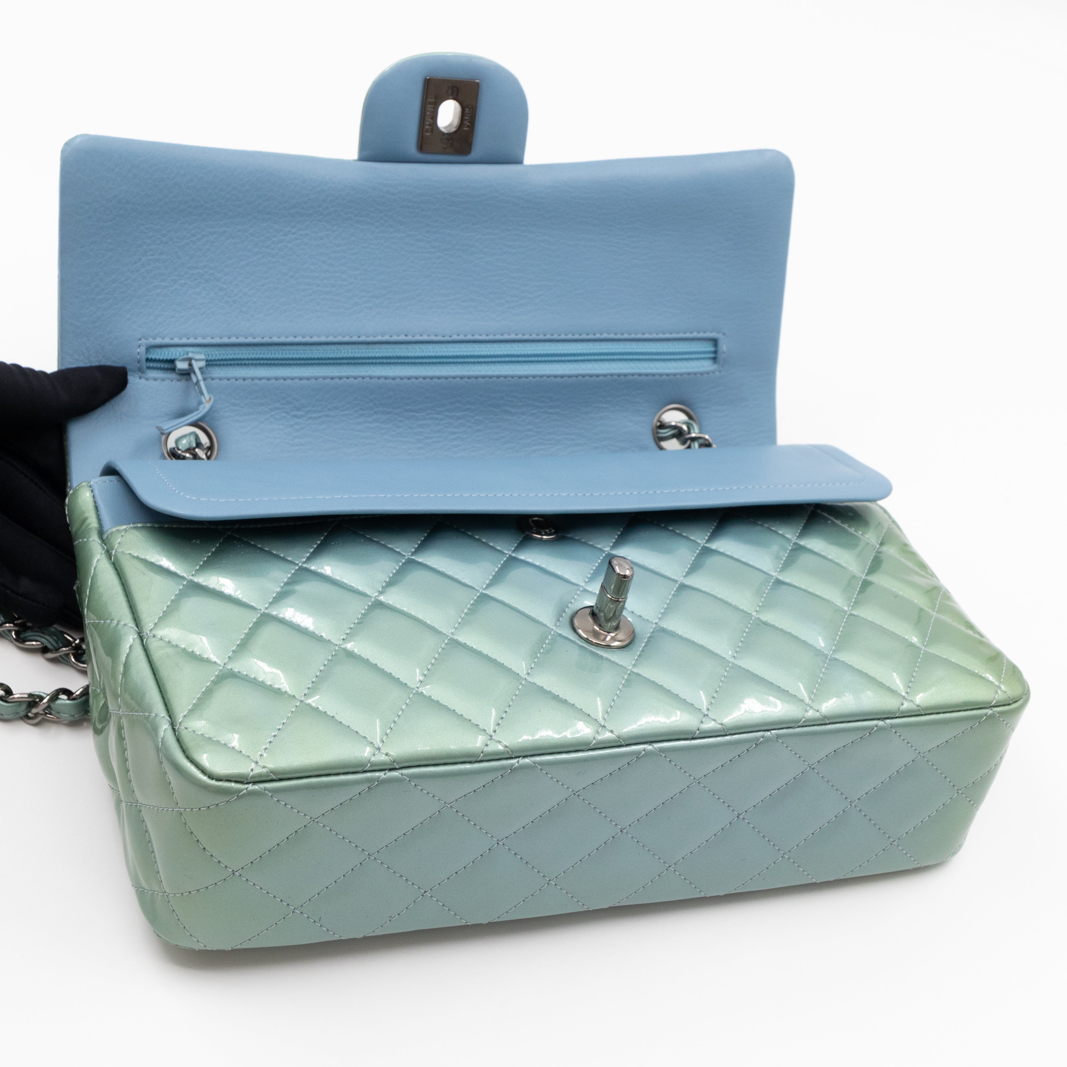 Classic Double Flap Medium Green Metallic Patent Leather