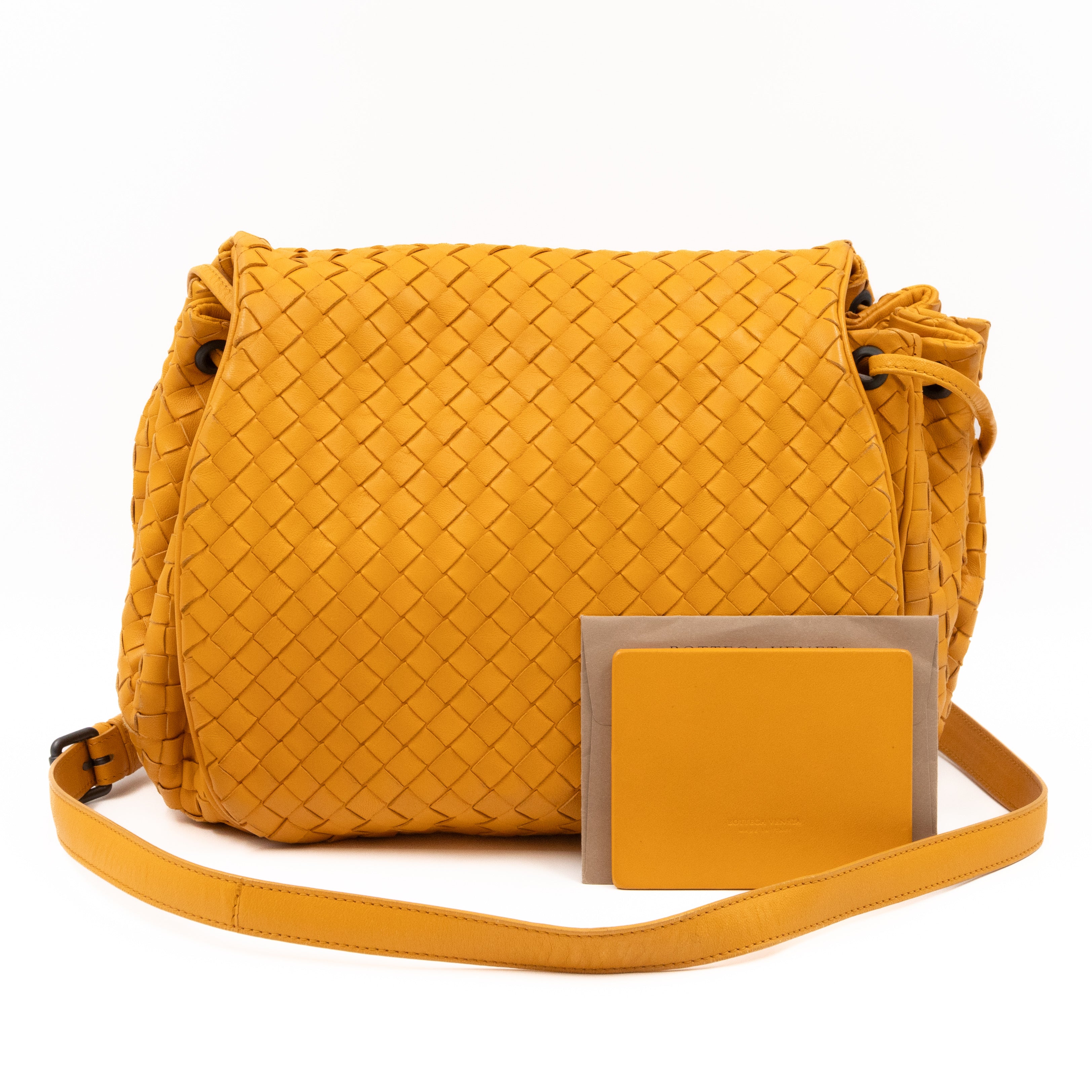 Drawstring Flap Crossbody Bag Intrecciato Yellow Leather