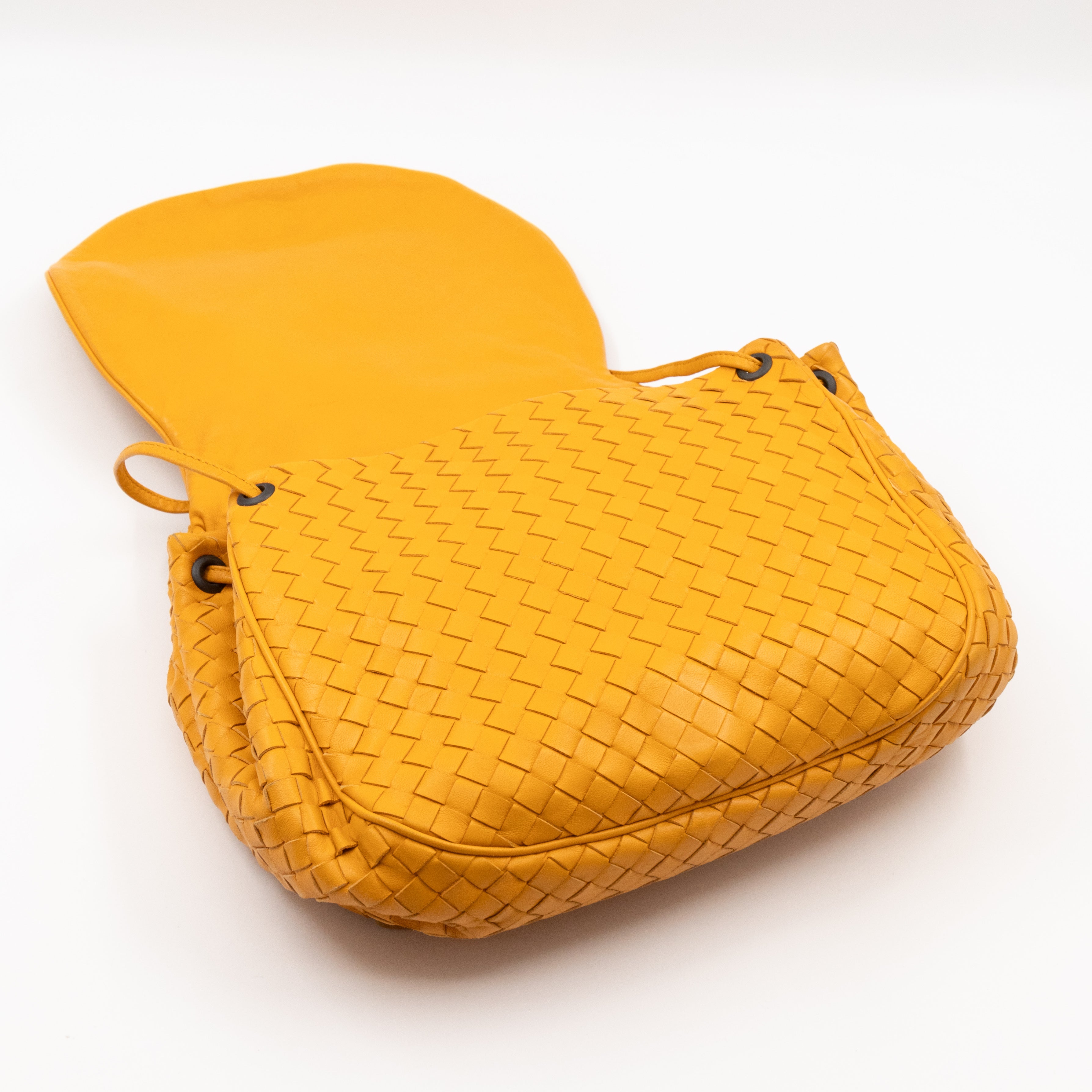 Drawstring Flap Crossbody Bag Intrecciato Yellow Leather