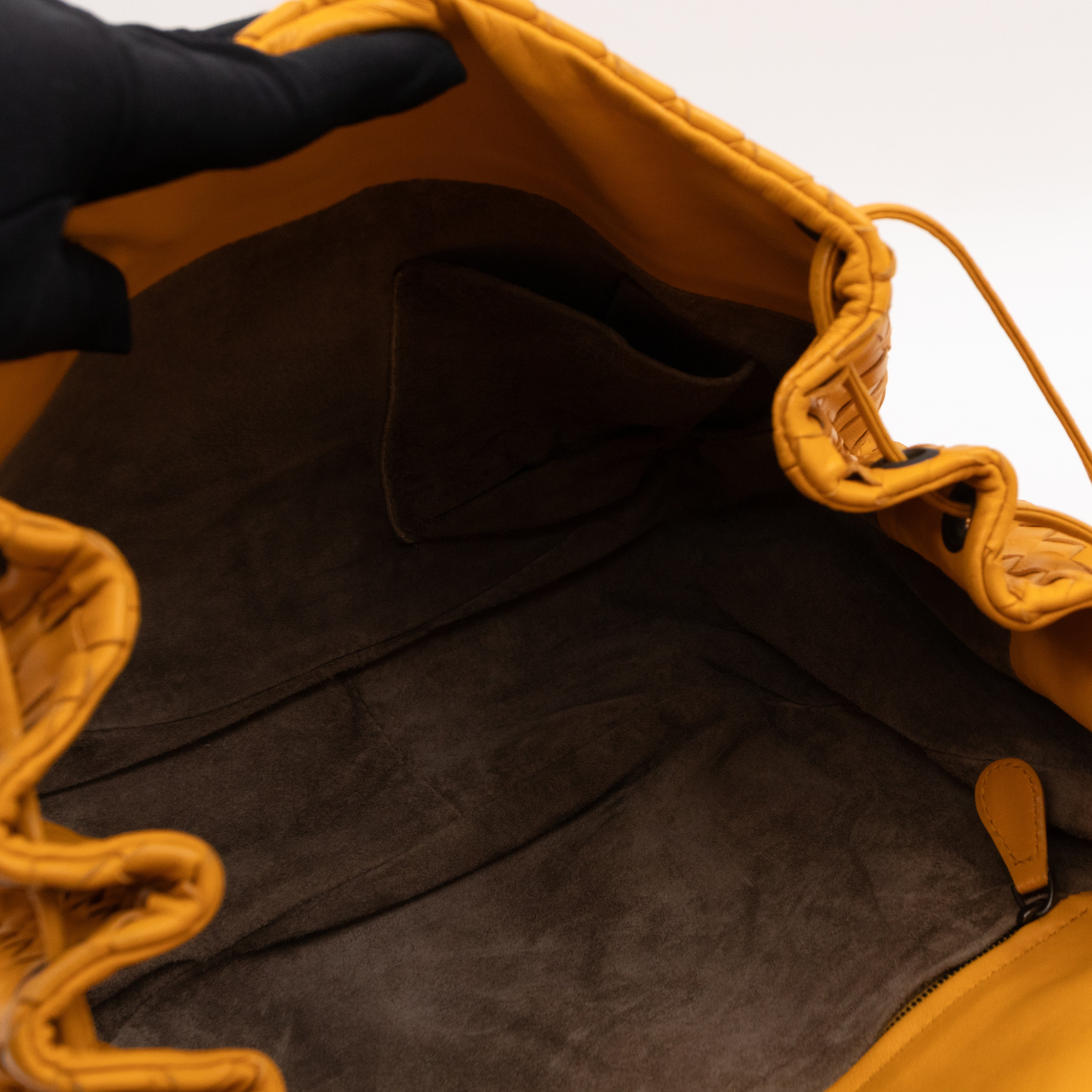 Drawstring Flap Crossbody Bag Intrecciato Yellow Leather