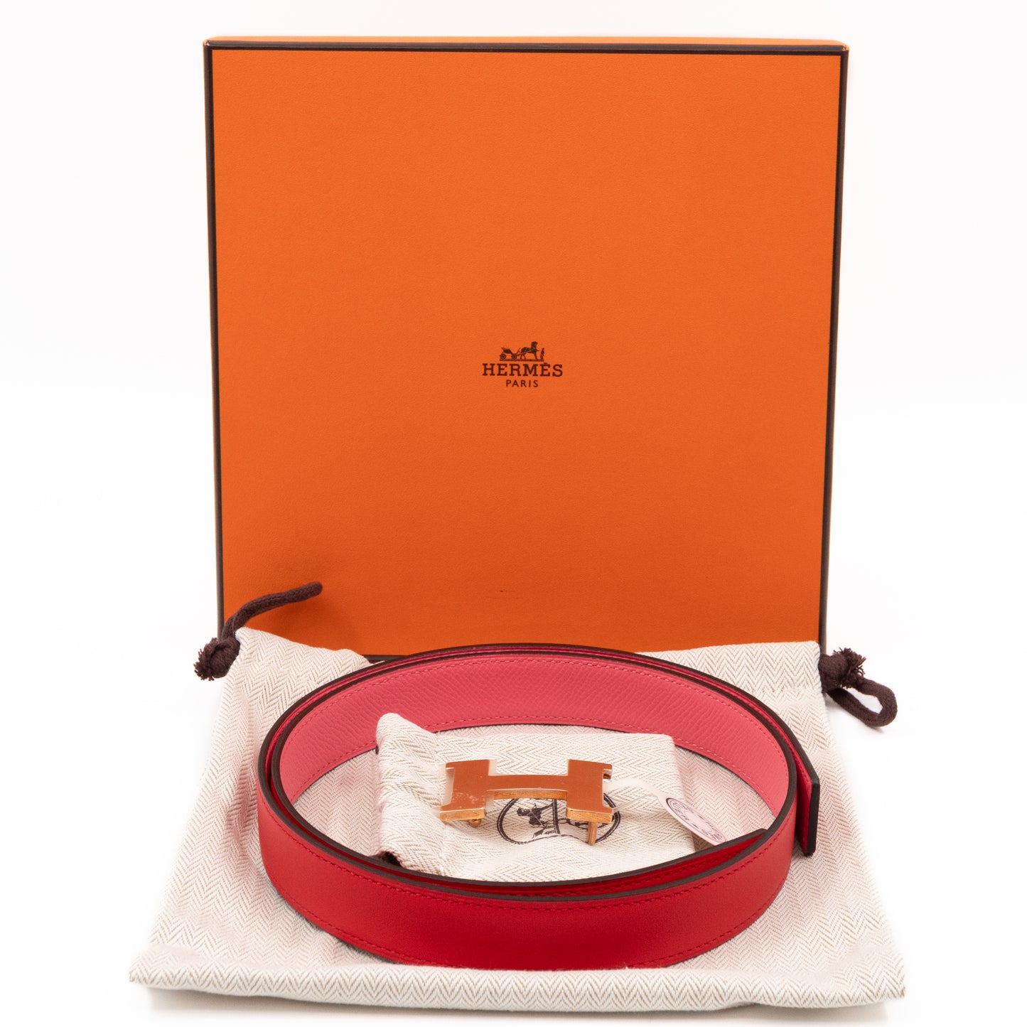 Mini Constance Buckle & Reversible Red and Rose Azalee Leather Belt 75 cm