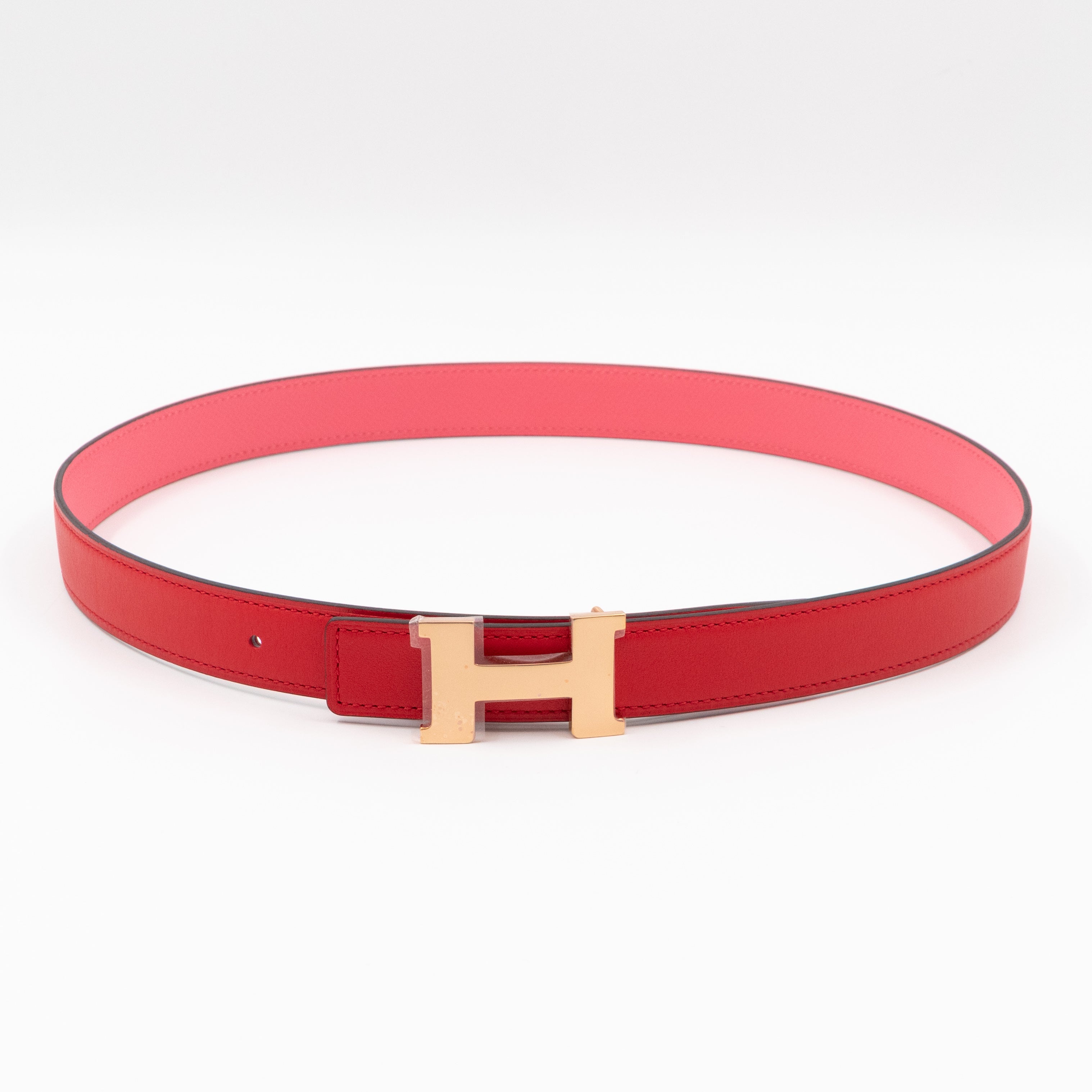 Mini Constance Buckle & Reversible Red and Rose Azalee Leather Belt 75 cm