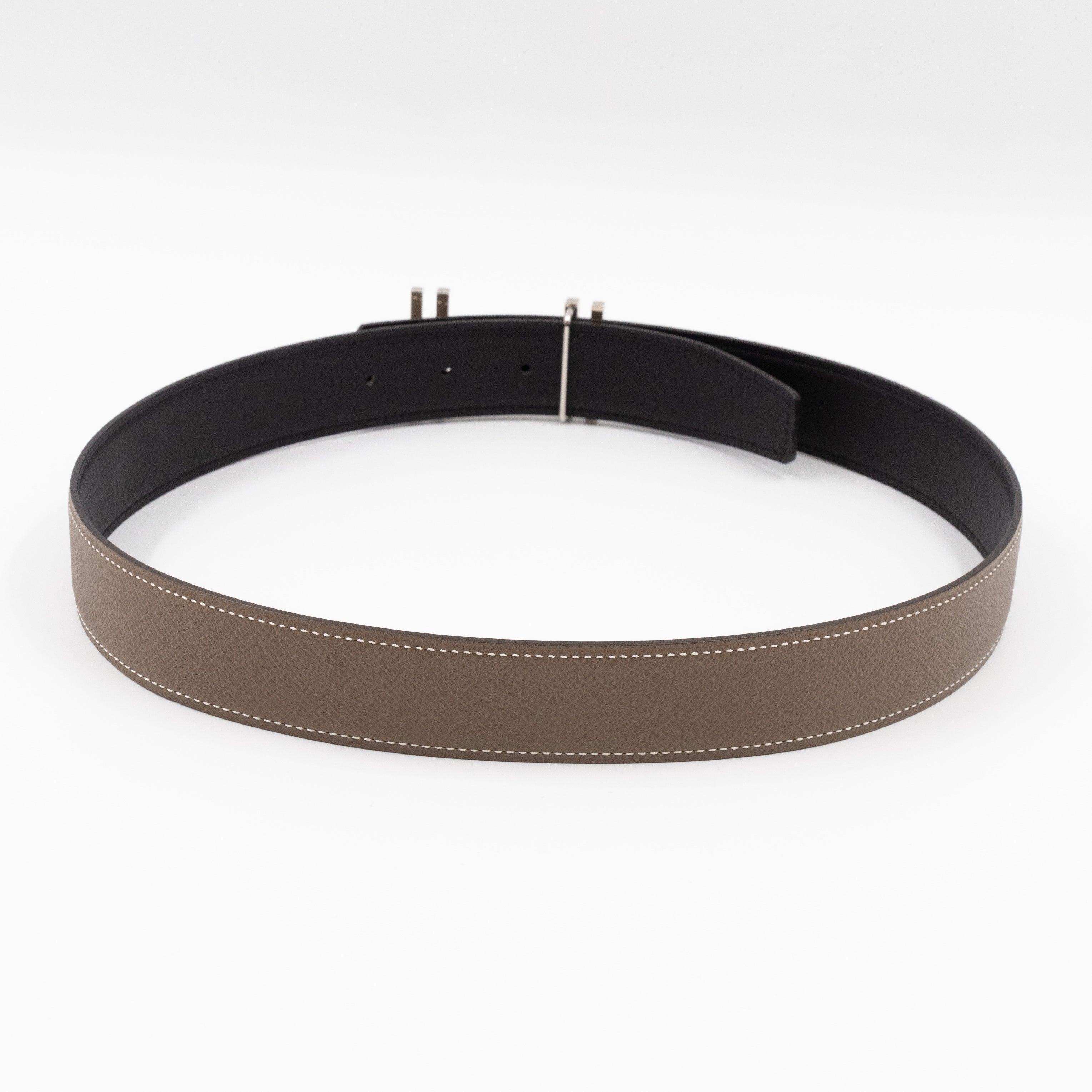 Au Carre Buckle & Reversible Etoupe and Black Leather Belt 85 cm