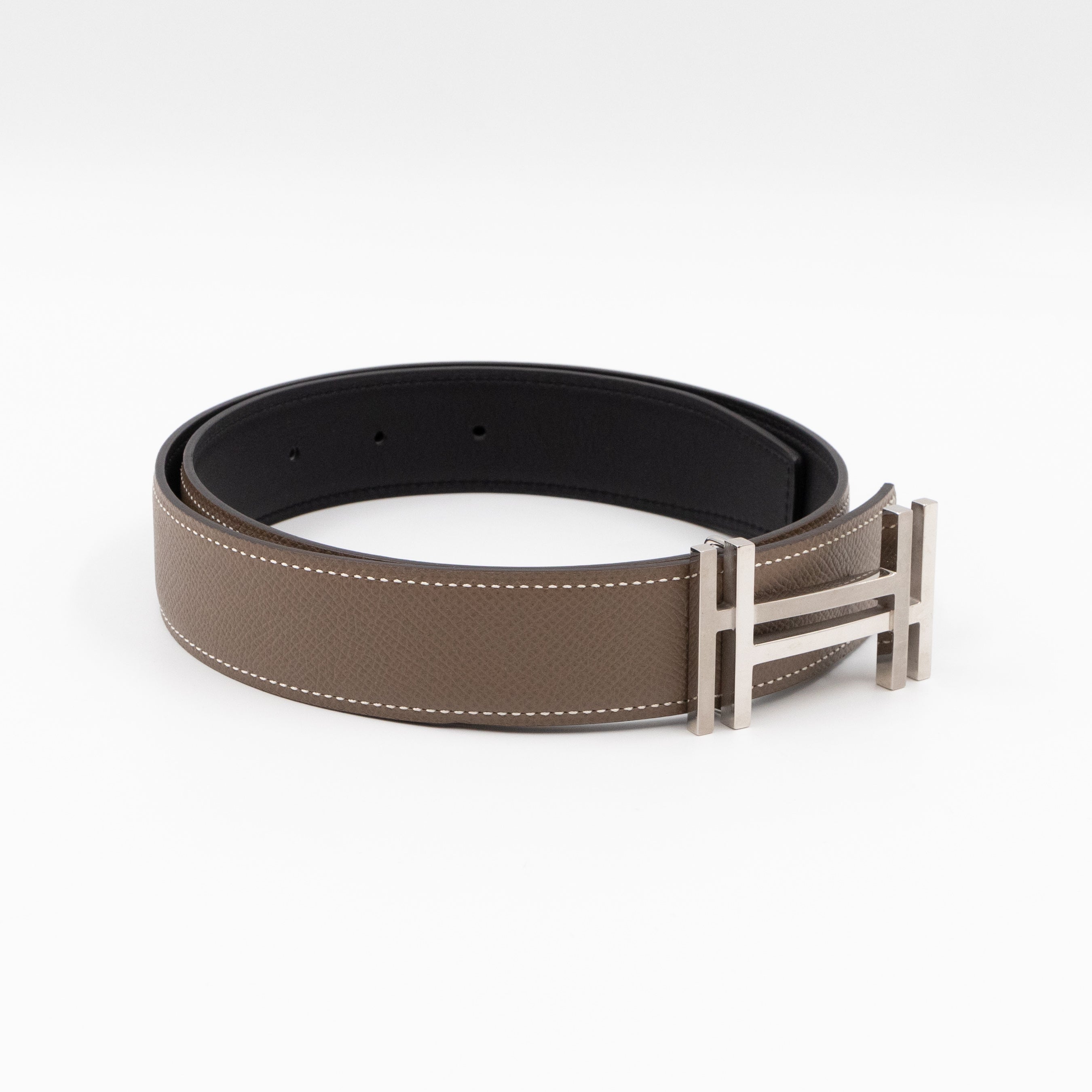 Au Carre Buckle & Reversible Etoupe and Black Leather Belt 85 cm