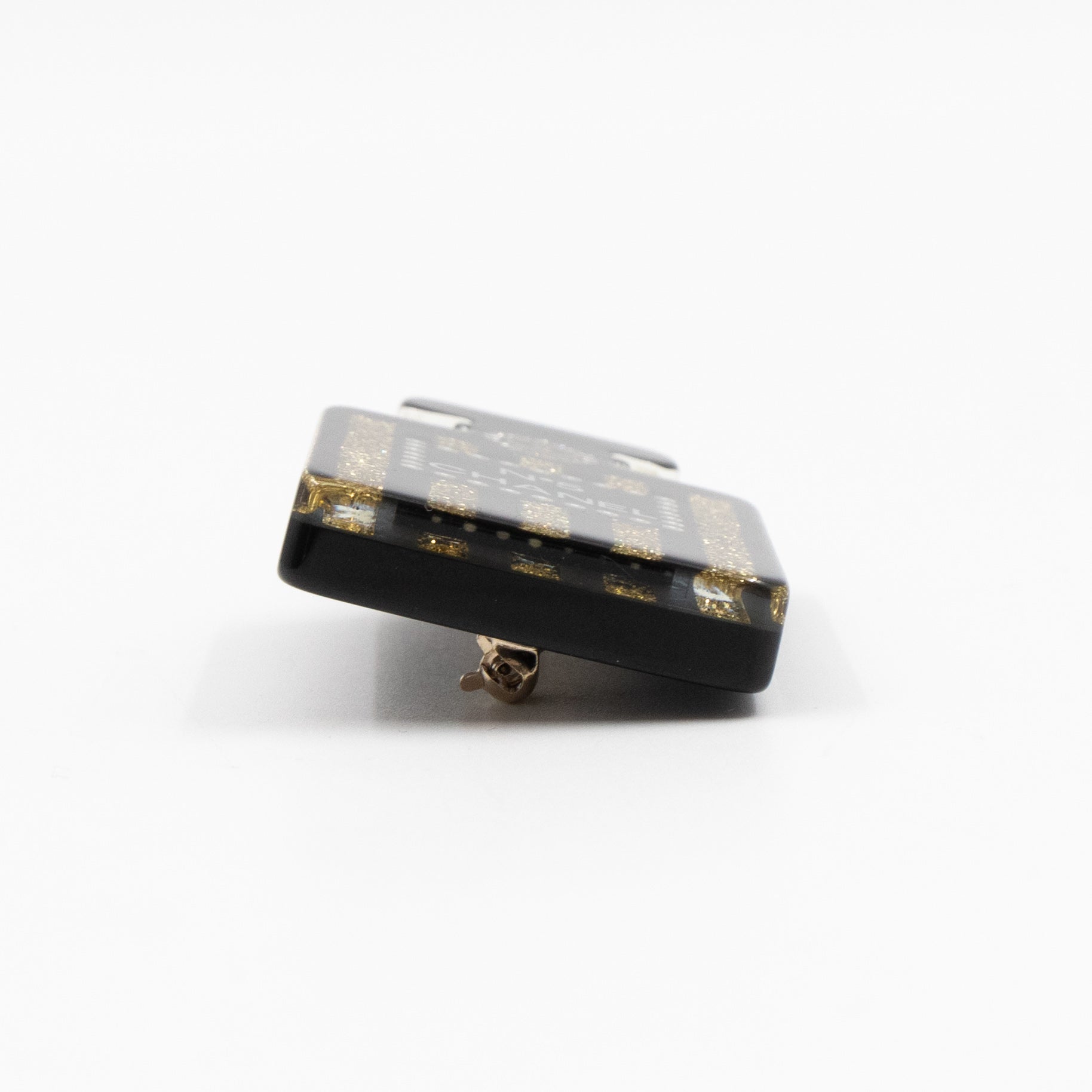 Resin Strass Perfume Bottle CC Brooch Black Gold