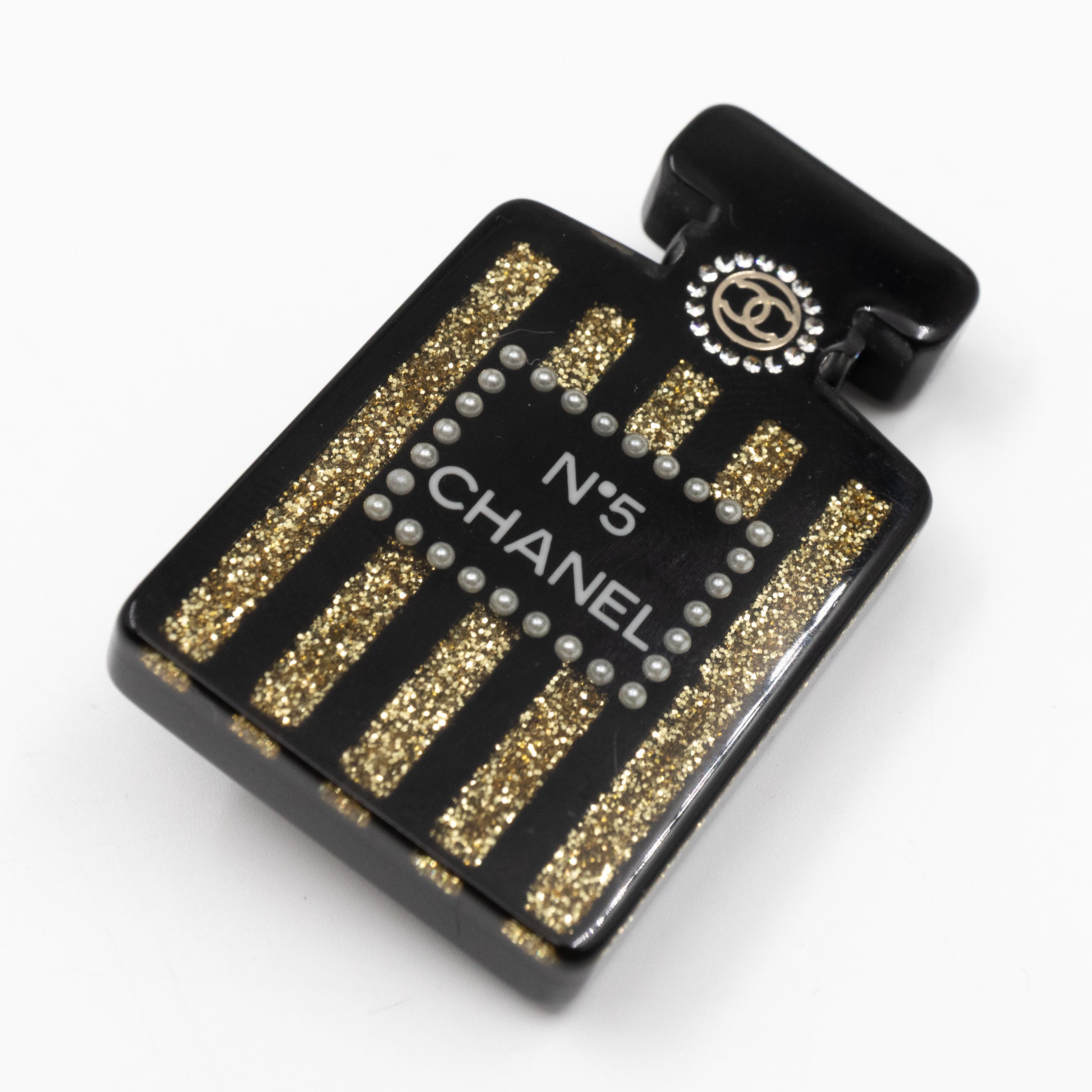 Resin Strass Perfume Bottle CC Brooch Black Gold