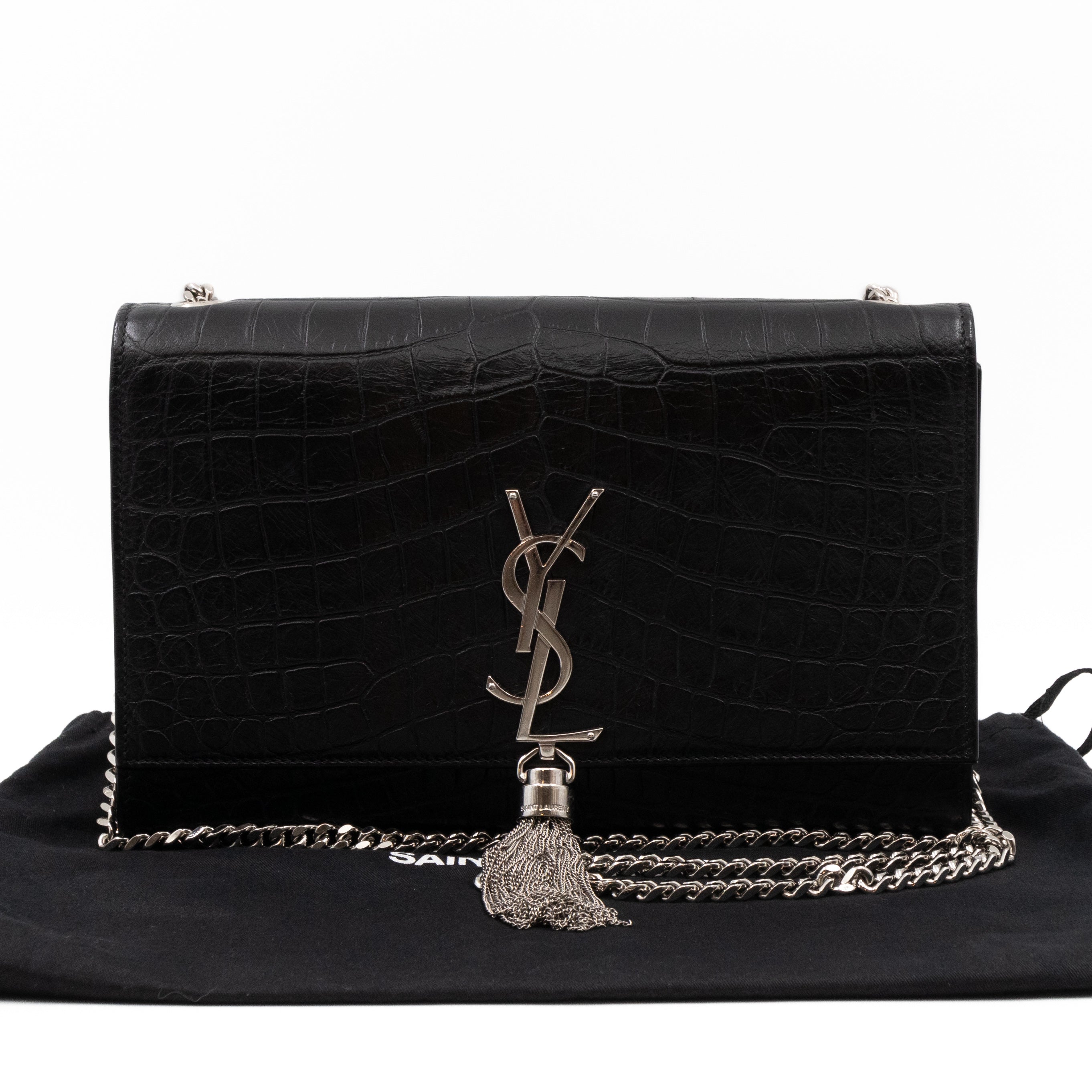 Kate Medium Tassel Black Croc Leather