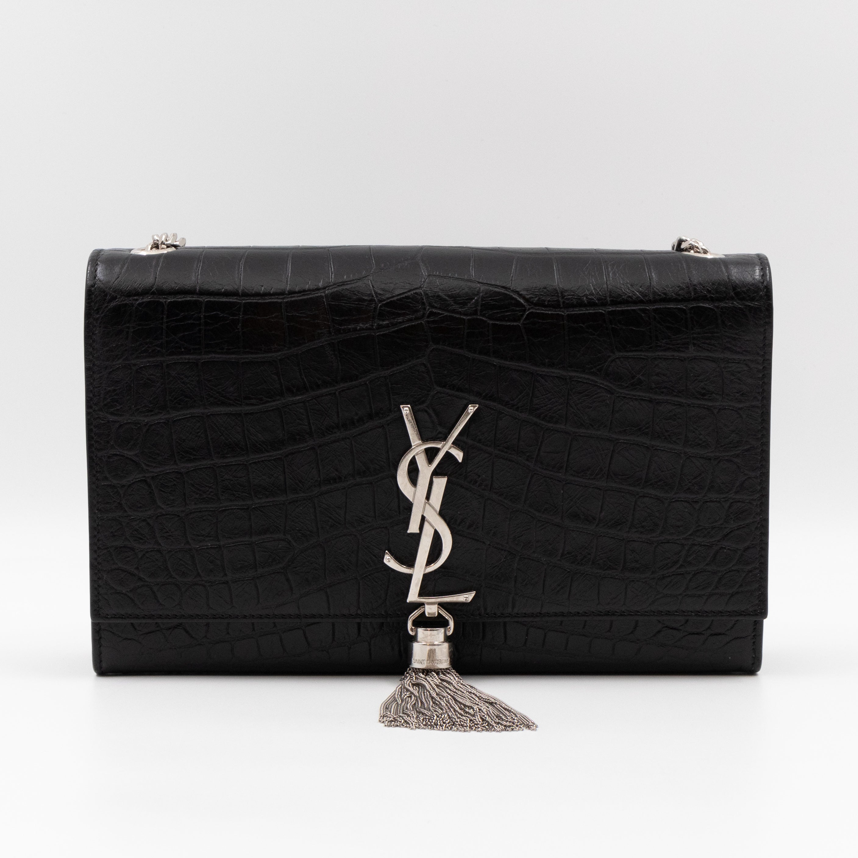 Kate Medium Tassel Black Croc Leather