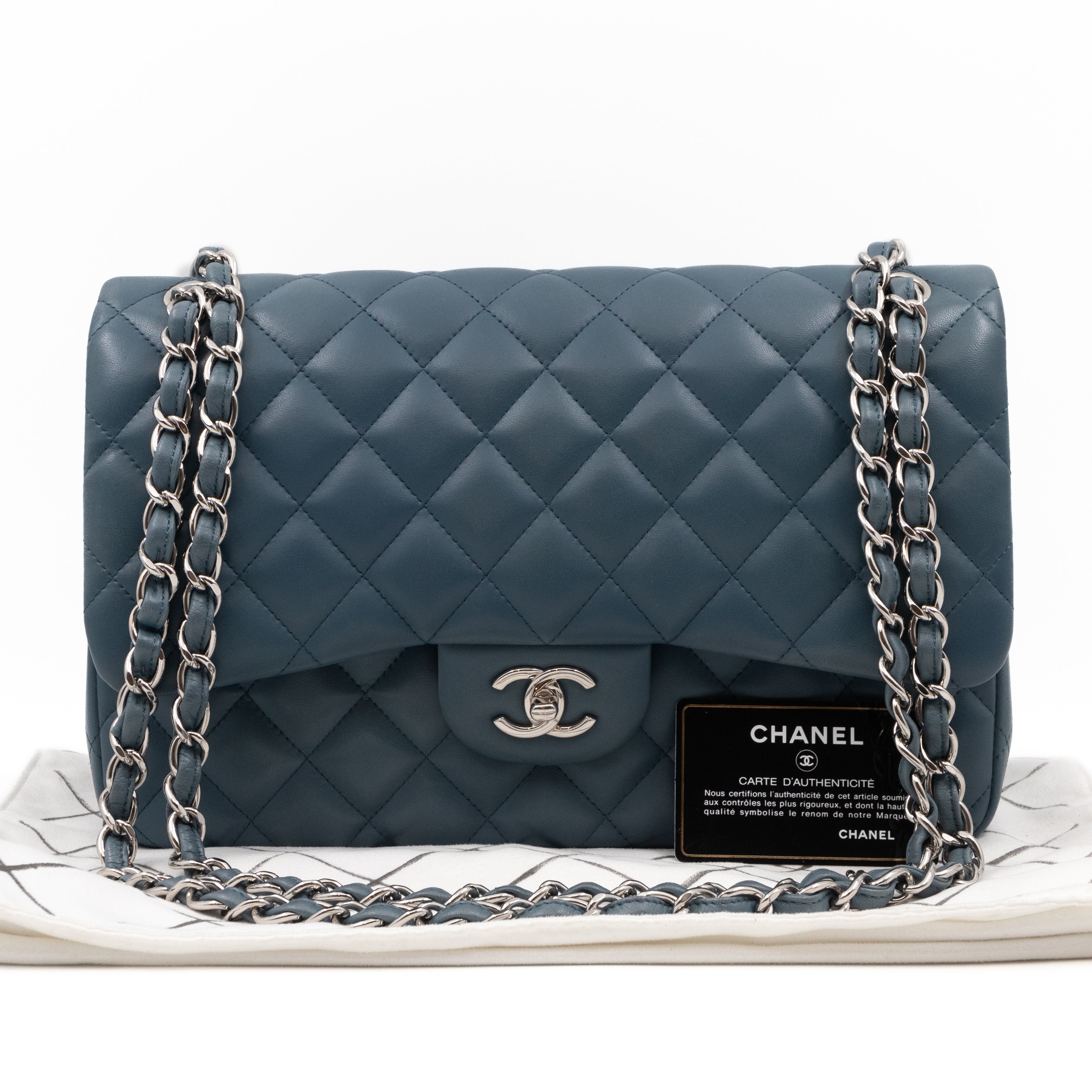 Classic Double Flap Jumbo Dark Blue Lambskin Silver