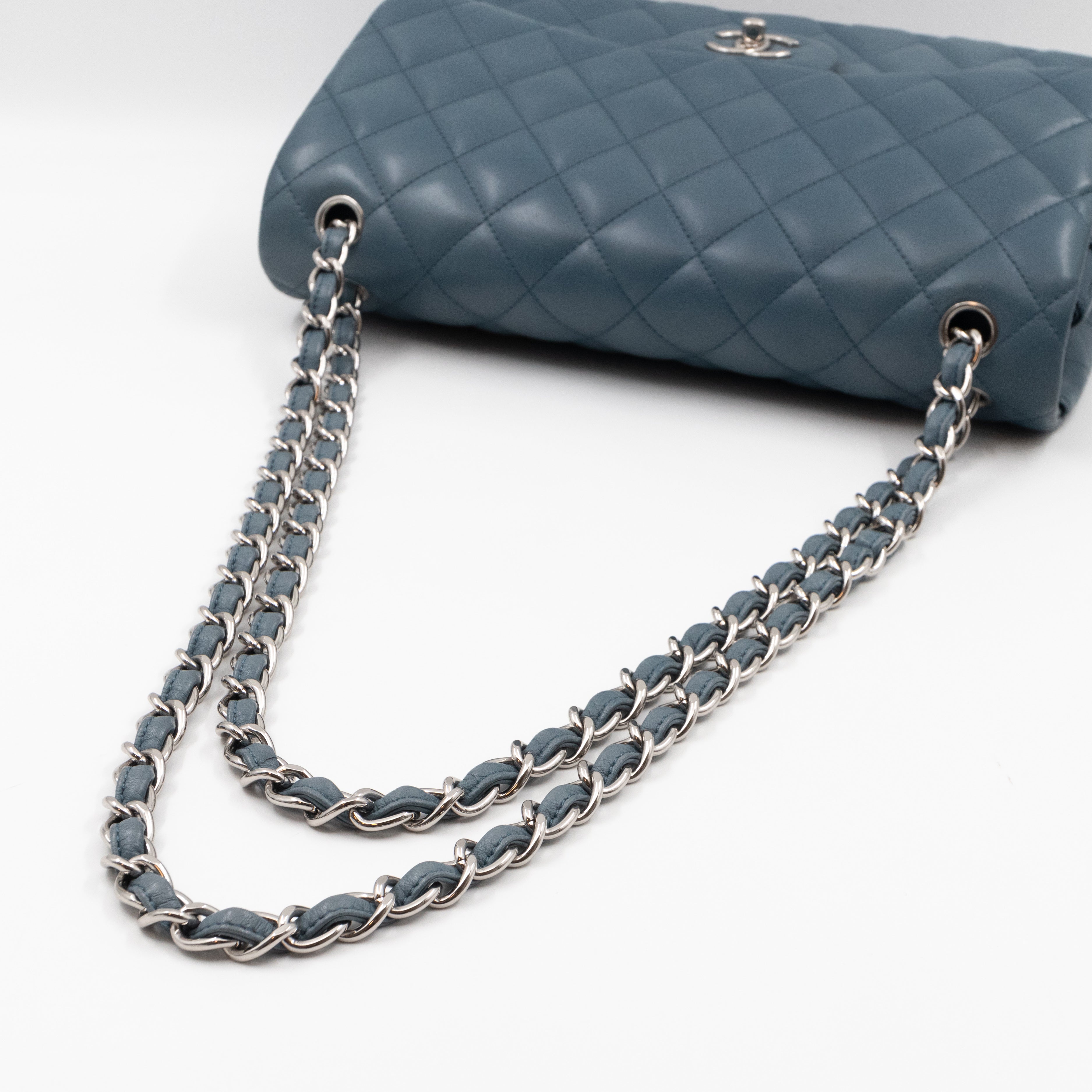 Classic Double Flap Jumbo Dark Blue Lambskin Silver