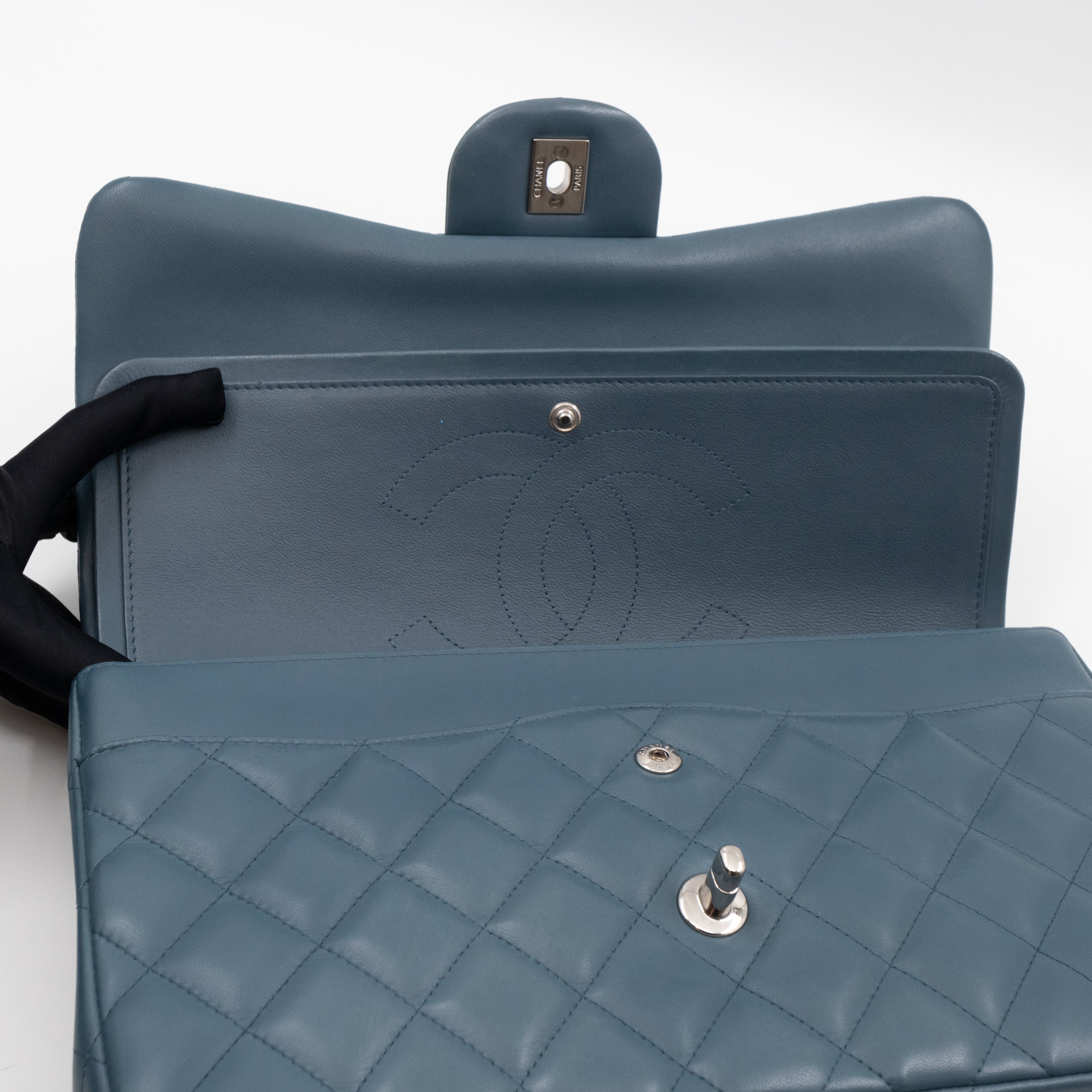 Classic Double Flap Jumbo Dark Blue Lambskin Silver