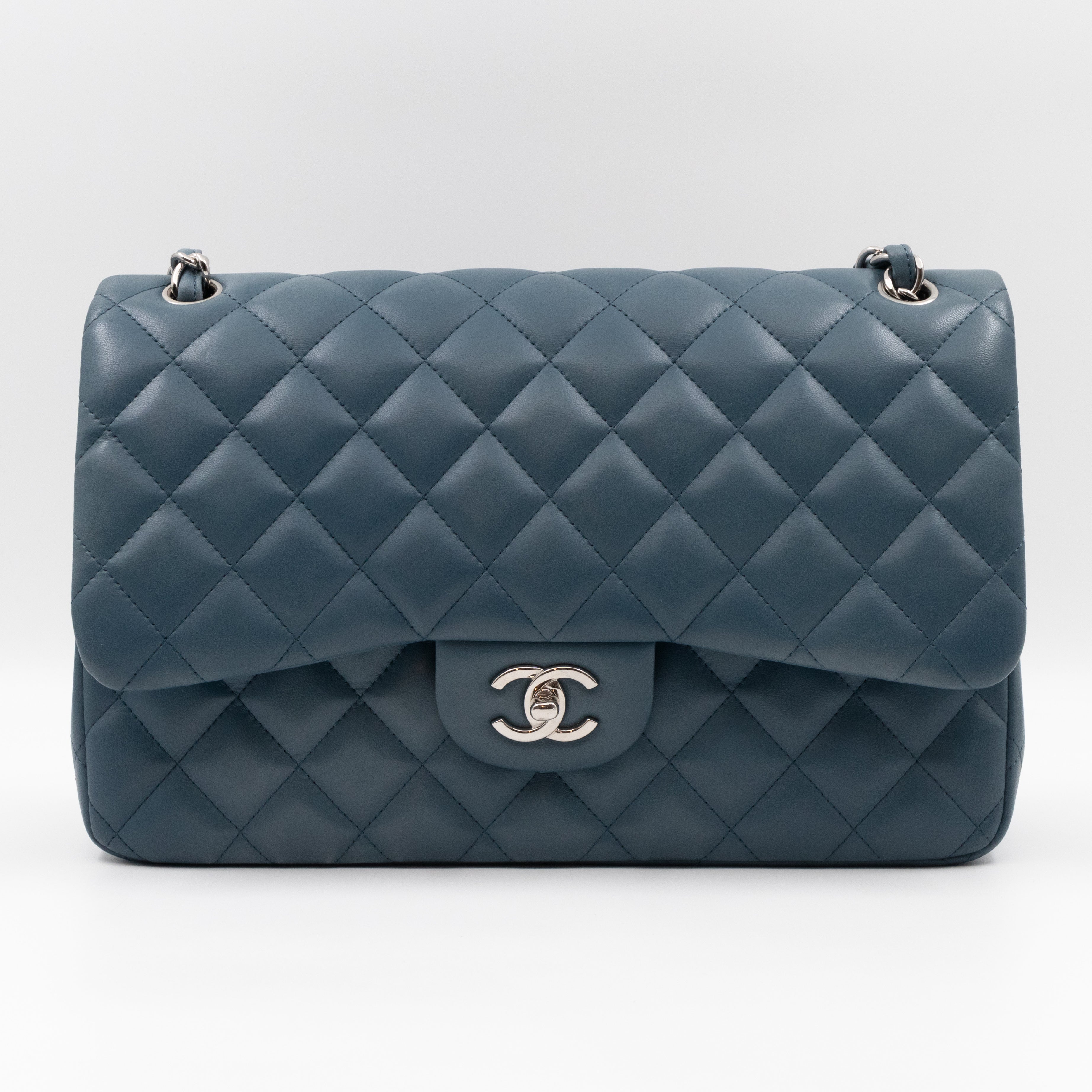 Classic Double Flap Jumbo Dark Blue Lambskin Silver