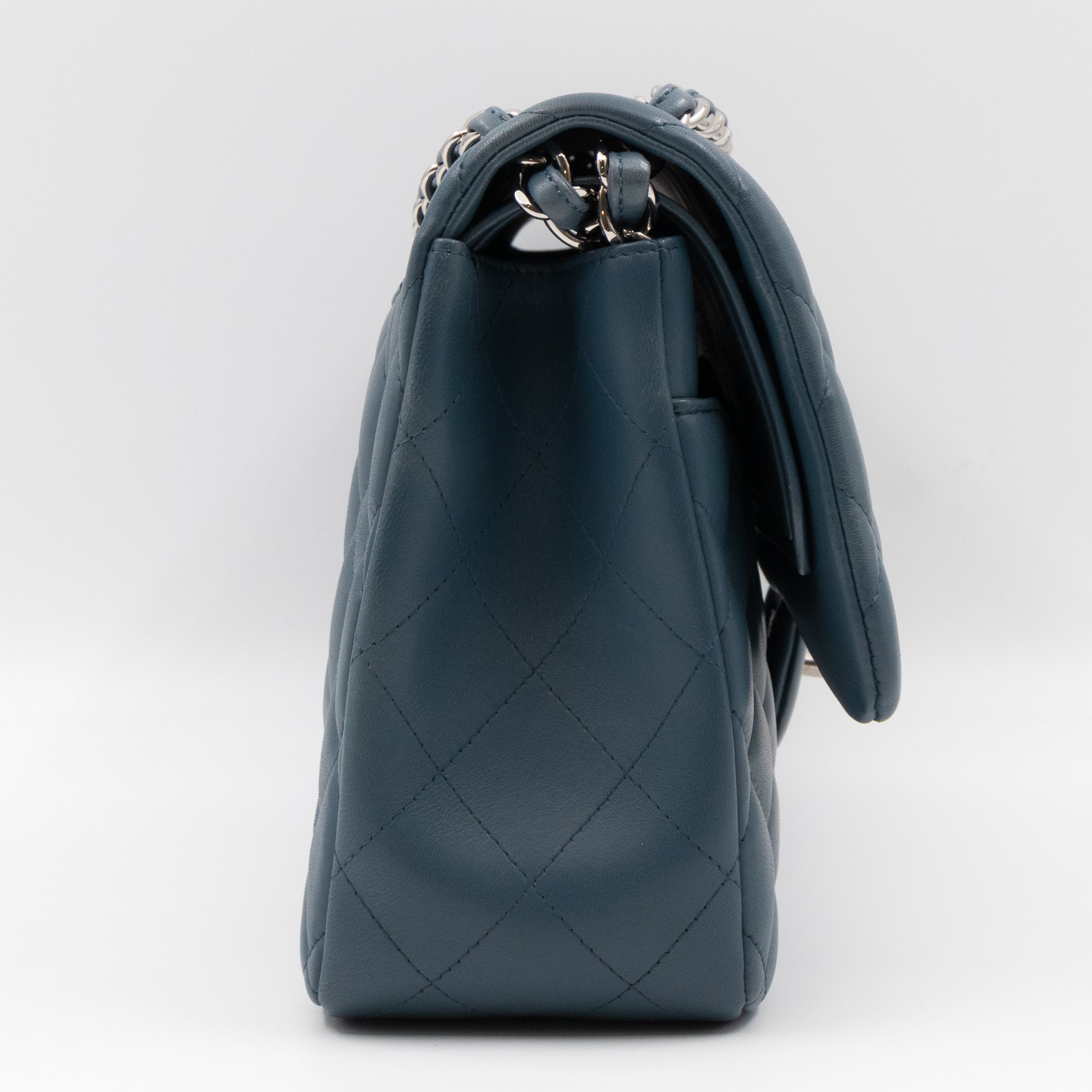 Classic Double Flap Jumbo Dark Blue Lambskin Silver