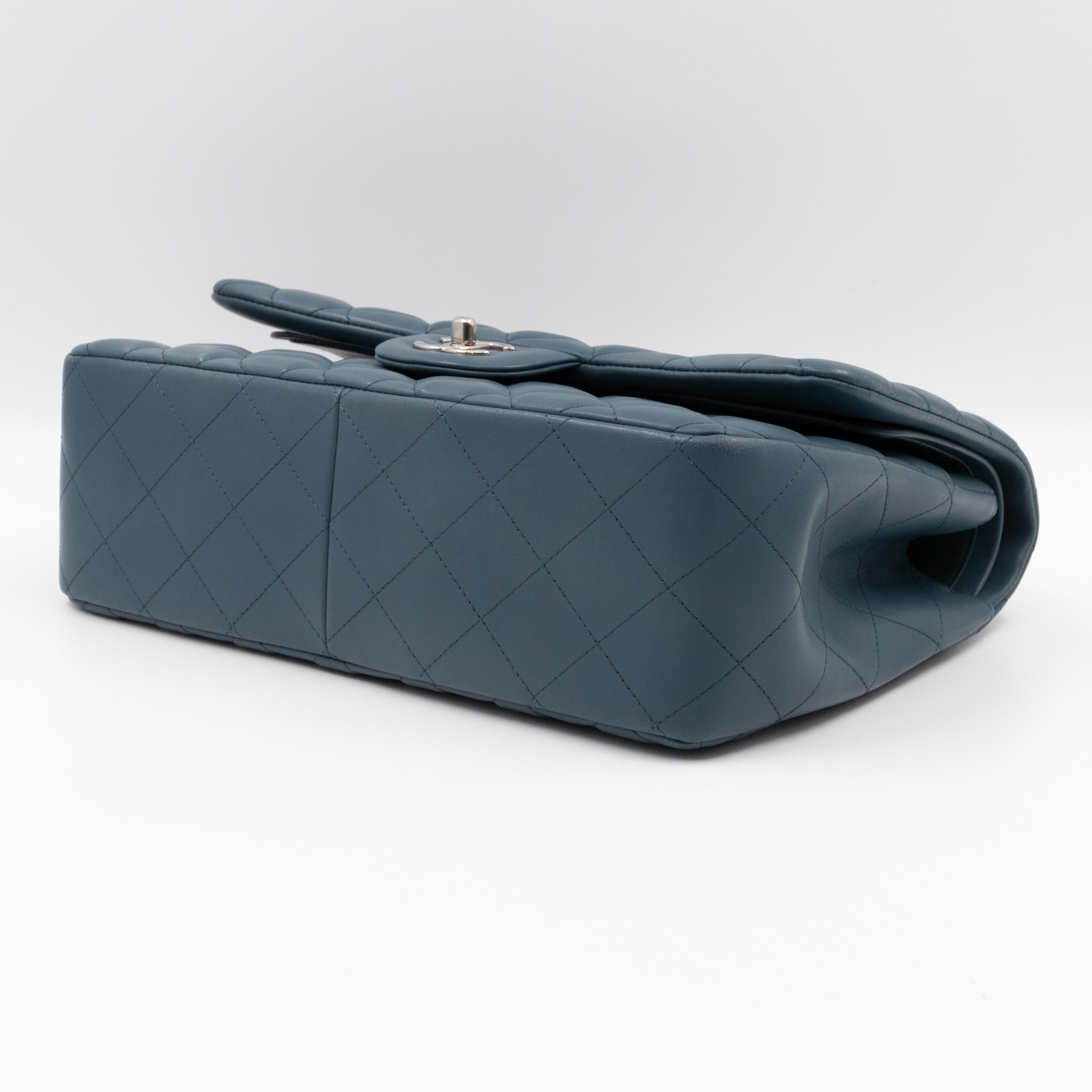 Classic Double Flap Jumbo Dark Blue Lambskin Silver