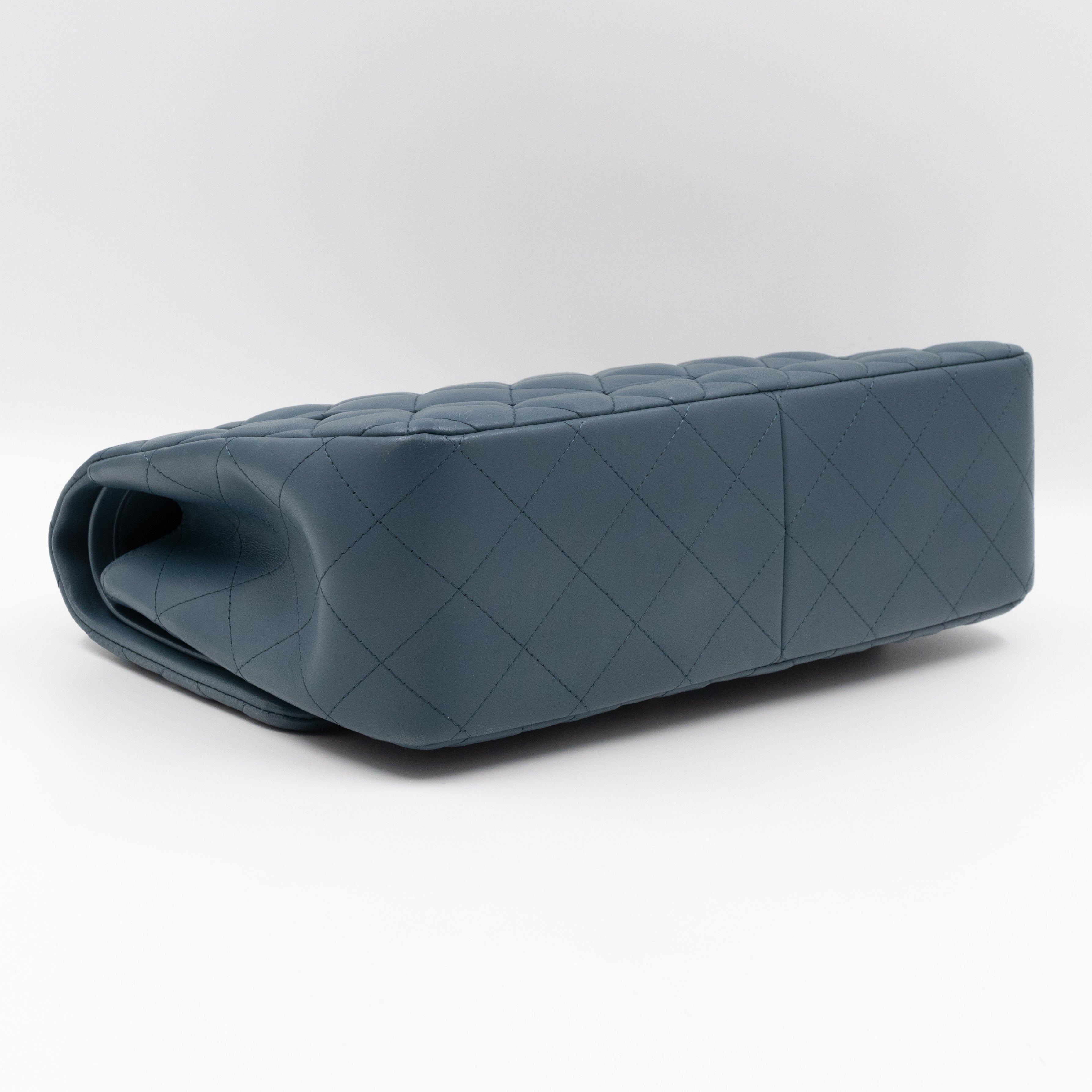 Classic Double Flap Jumbo Dark Blue Lambskin Silver