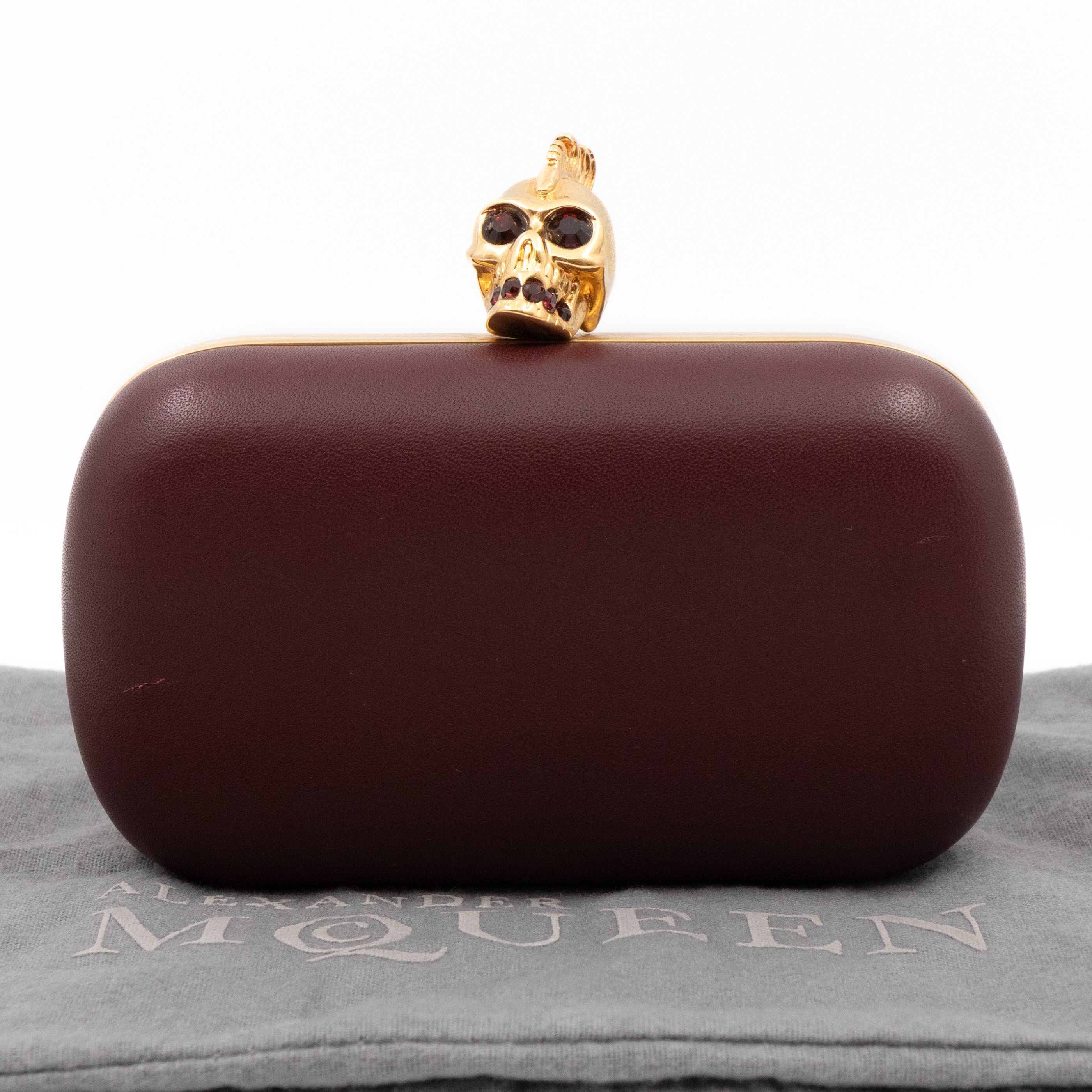 Skull Box Clutch Burgundy Leather Gold