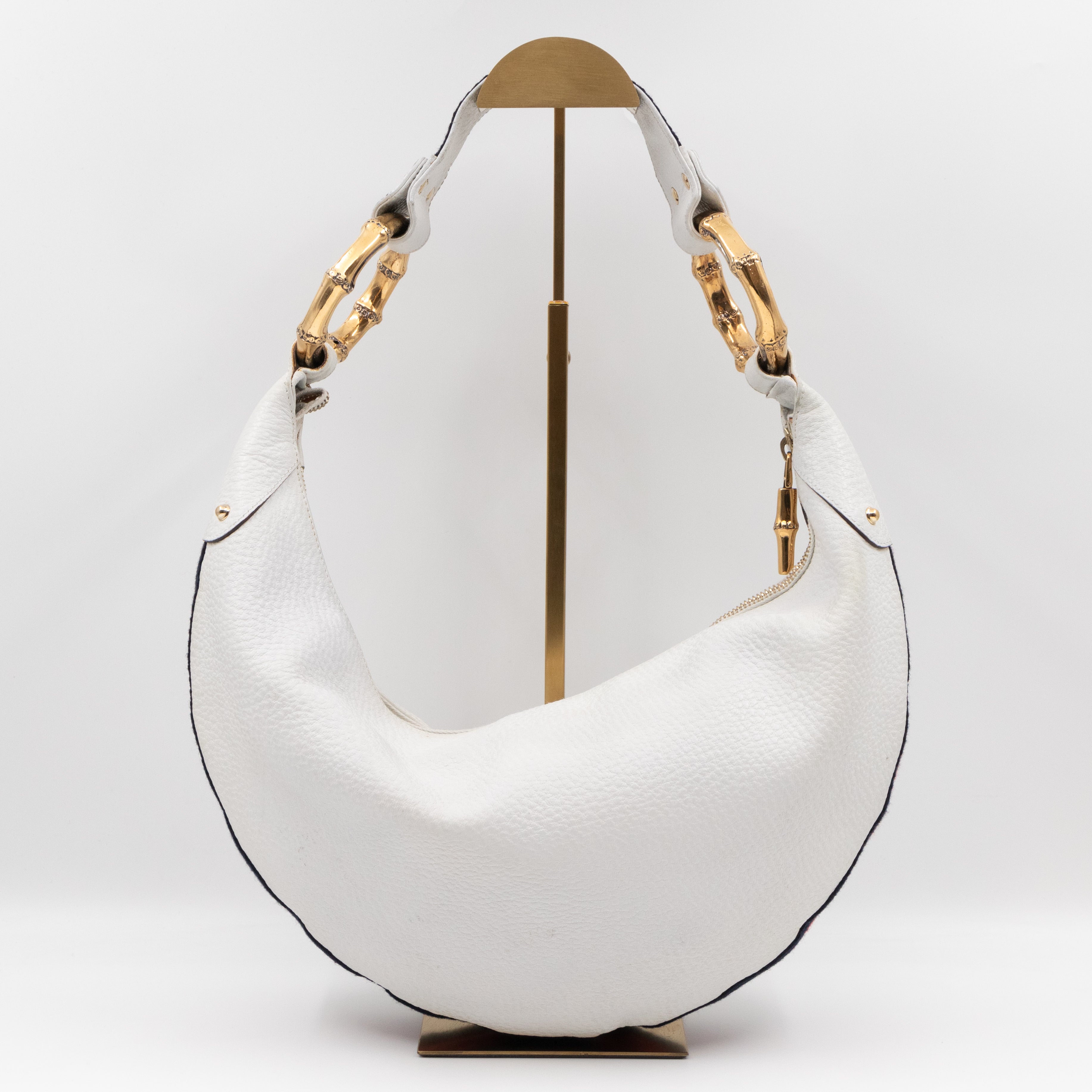 Bamboo Ring Half Moon Hobo Bag White Leather
