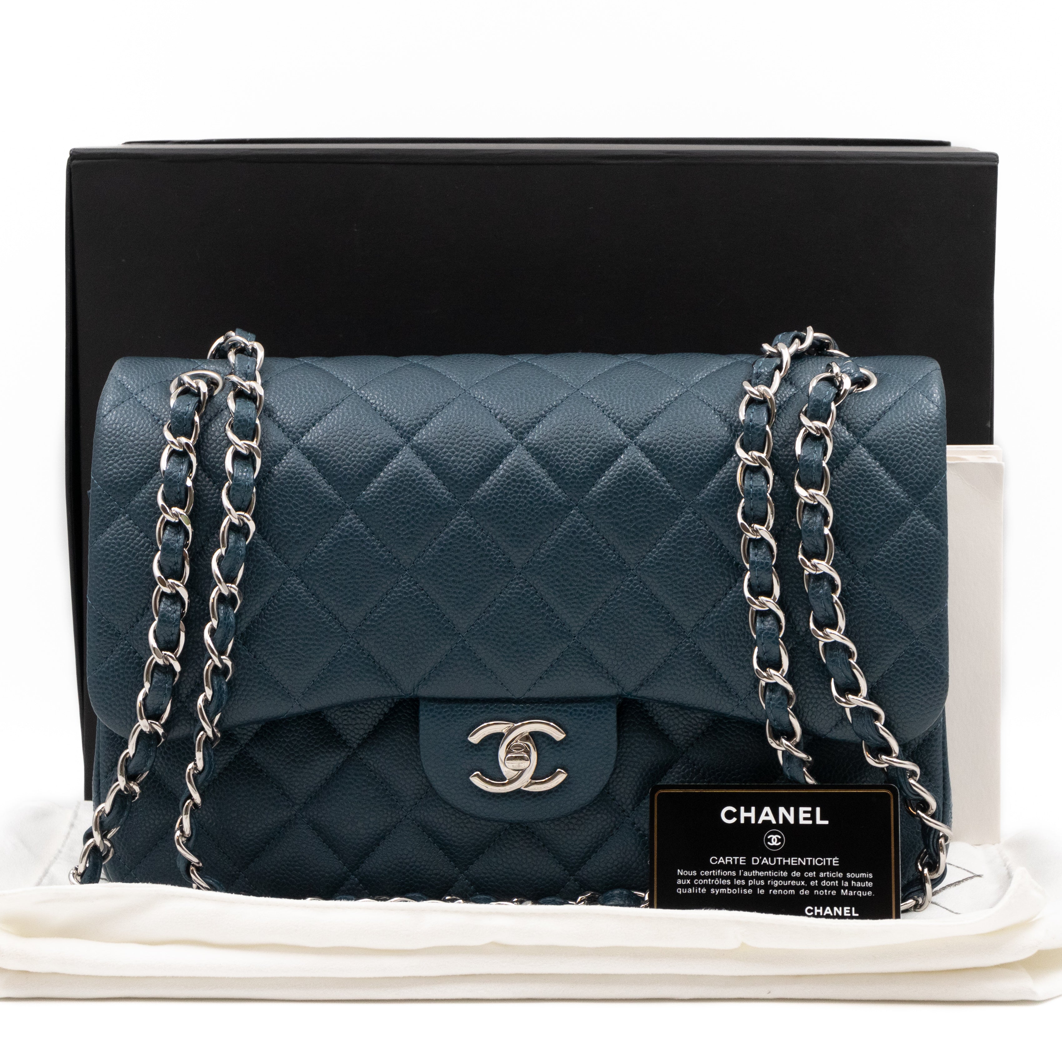 Classic Double Flap Jumbo Blue Caviar Silver