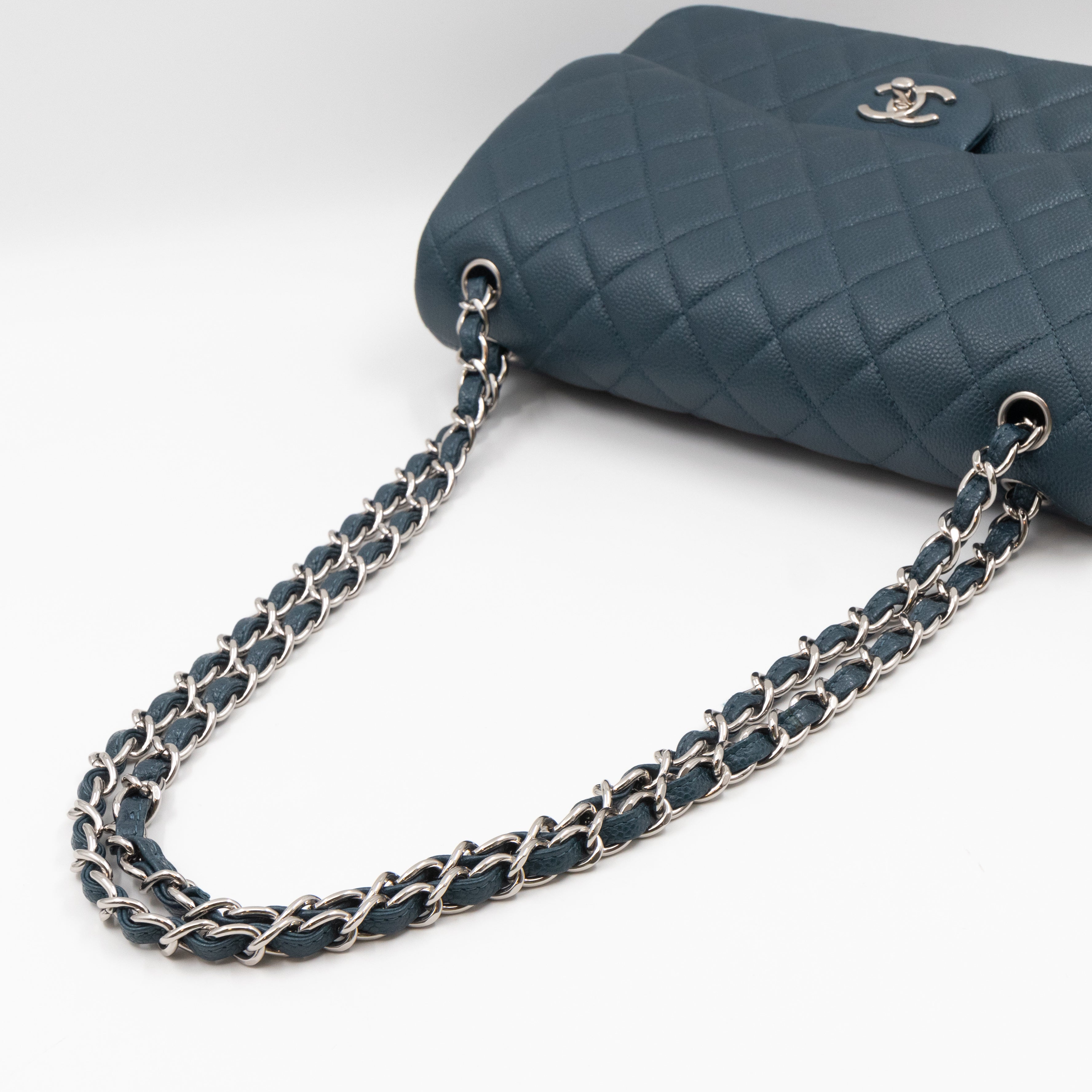 Classic Double Flap Jumbo Blue Caviar Silver