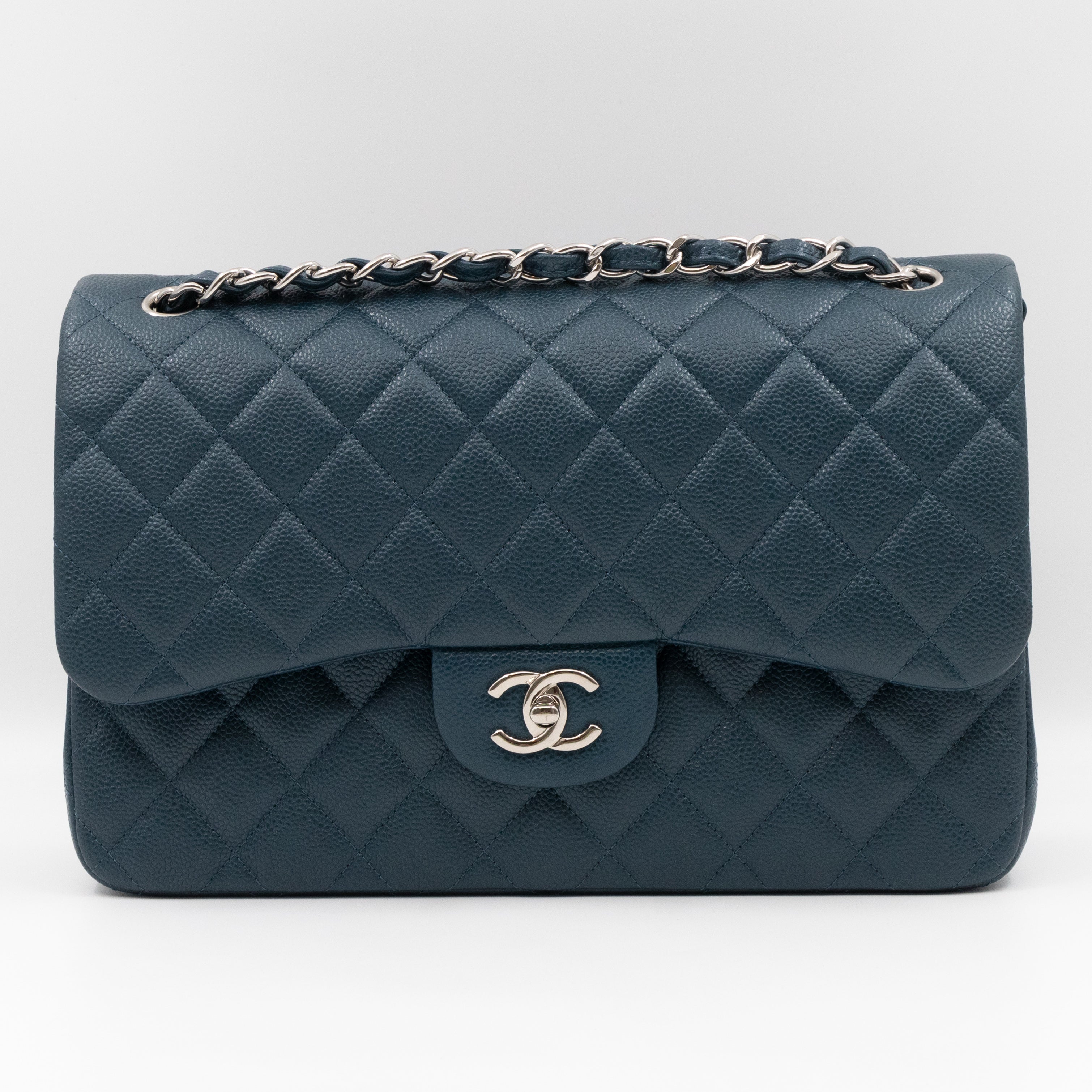 Classic Double Flap Jumbo Blue Caviar Silver