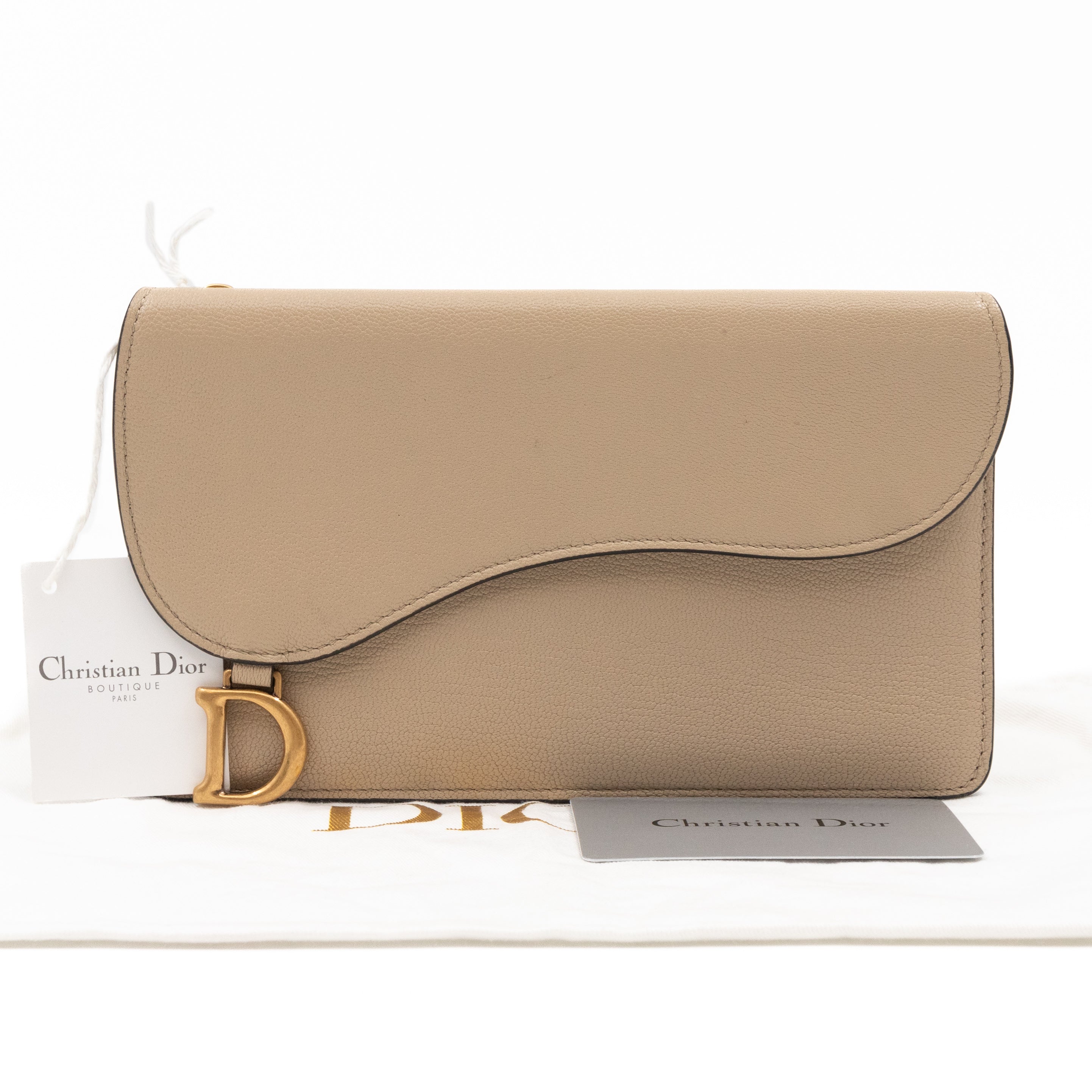 Large Saddle Flap Zipped Wallet Beige Leather