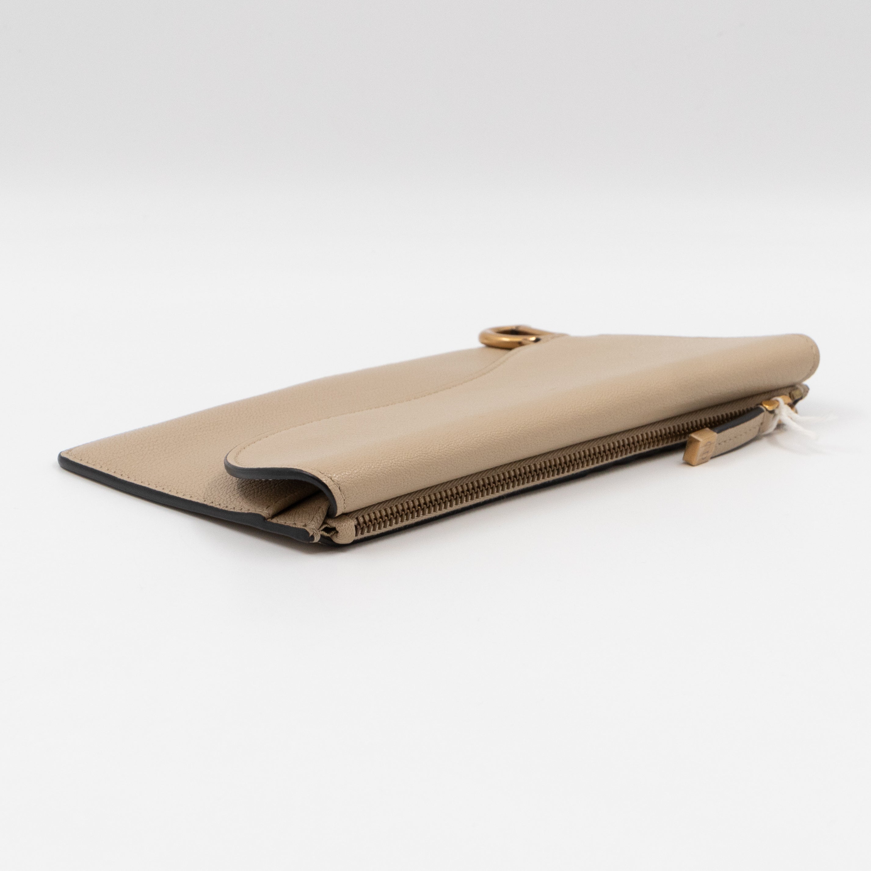 Large Saddle Flap Zipped Wallet Beige Leather