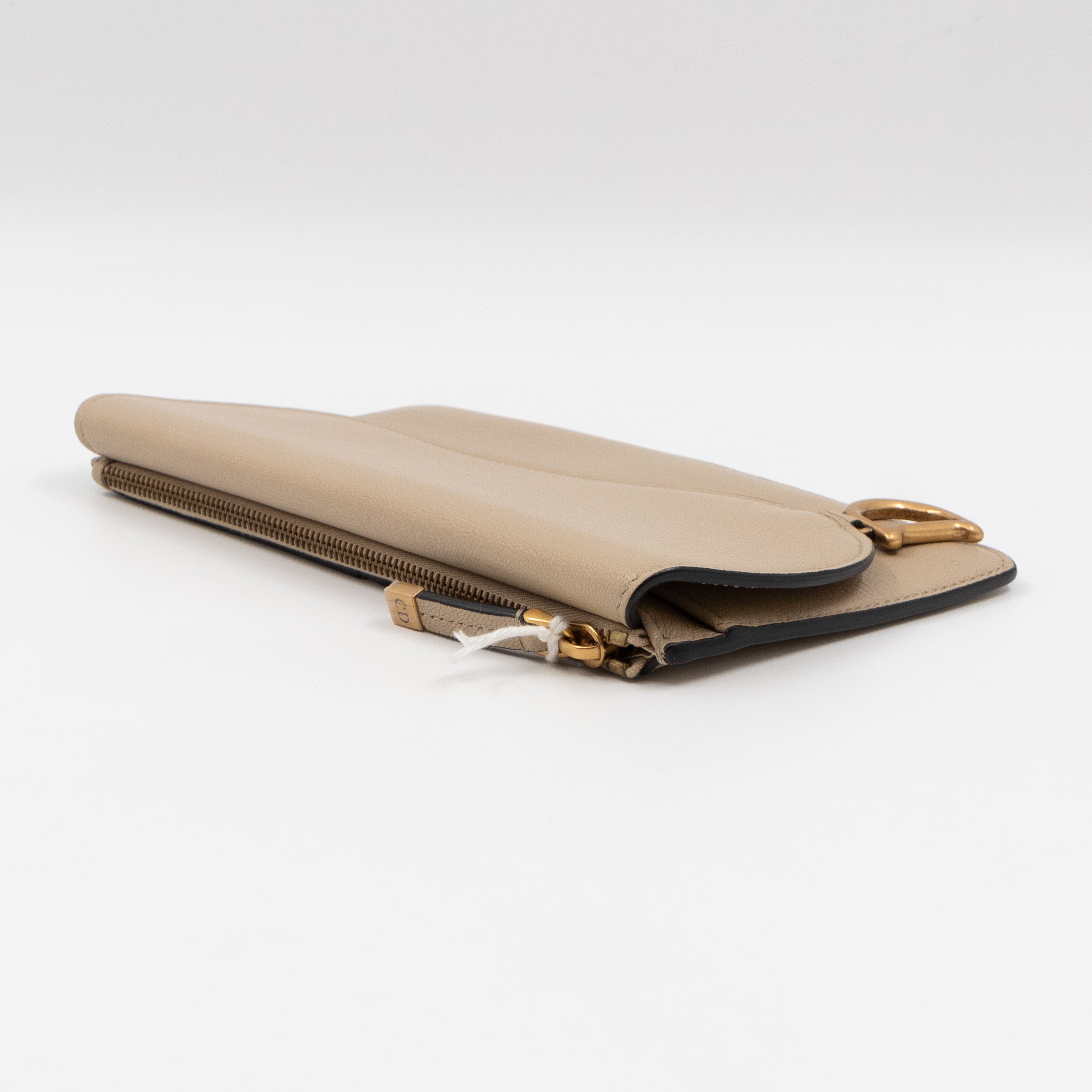 Large Saddle Flap Zipped Wallet Beige Leather