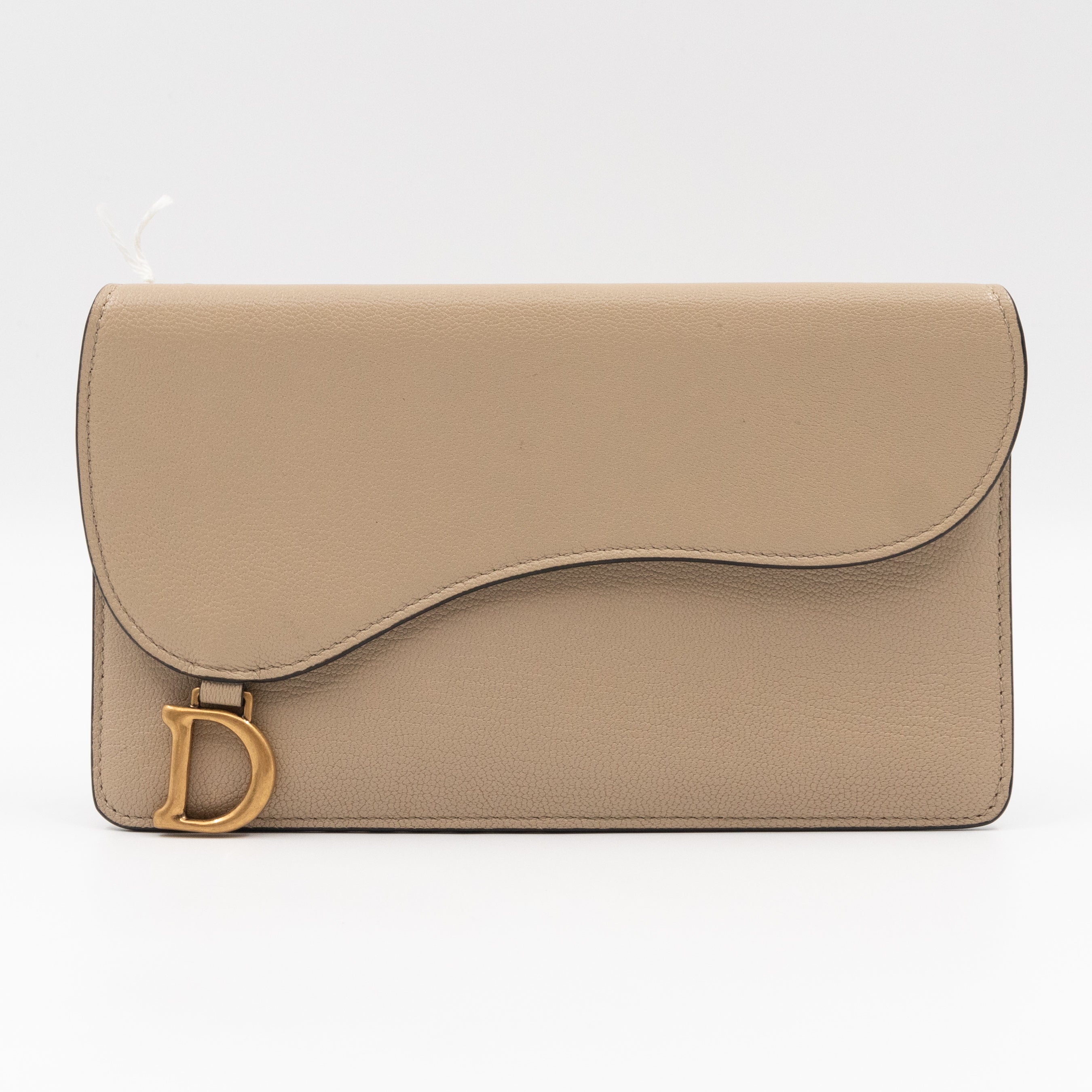 Large Saddle Flap Zipped Wallet Beige Leather