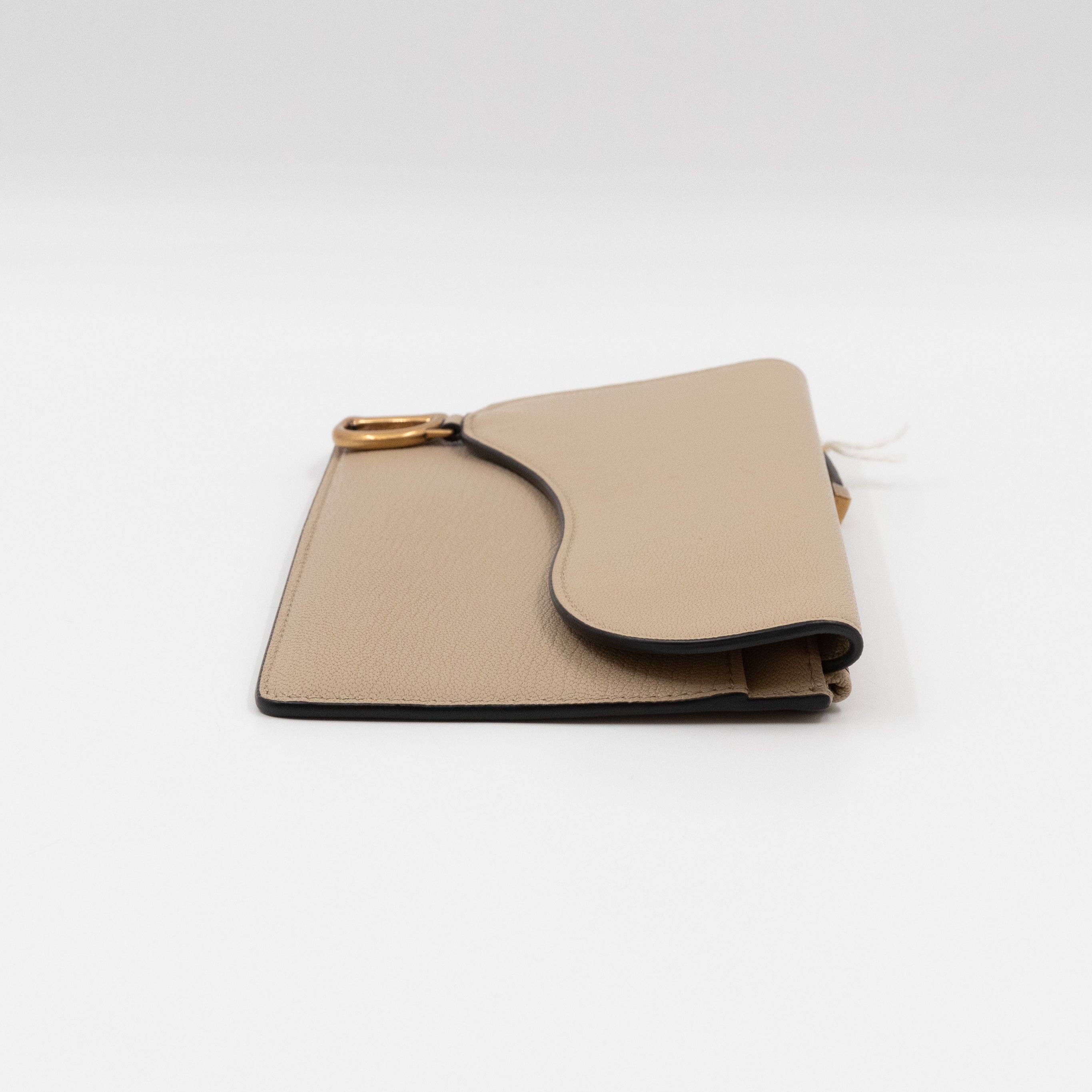 Large Saddle Flap Zipped Wallet Beige Leather
